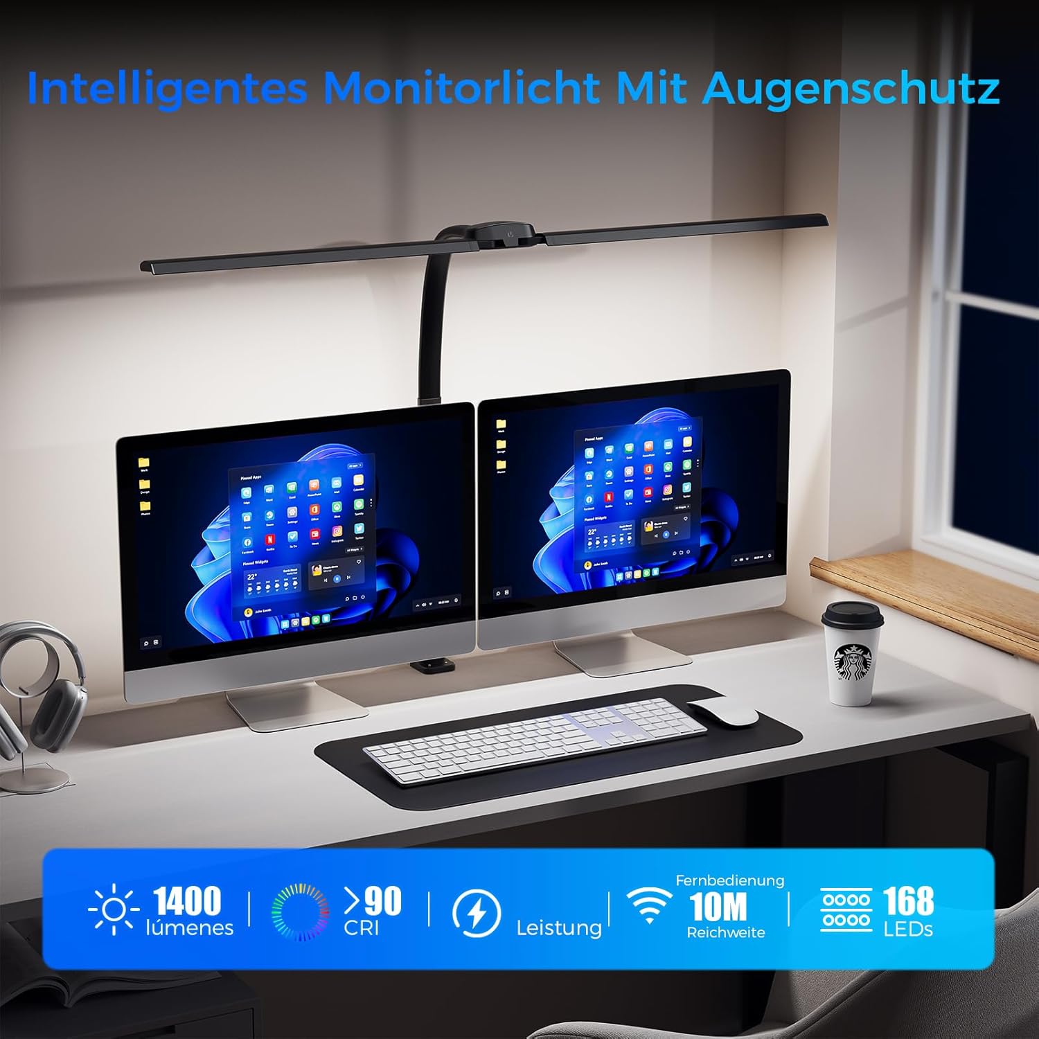 Schreibtischlampe LED Dimmbar - 1400LM 24W Doppelkopf Klemmbar Büroschreibtischlampe mit Fernbedienung, 80CM Schwanenhals Schreibtisch Lampe Tageslichtlampe mit Ladefunktion, Schwarz T01 – Bild 10