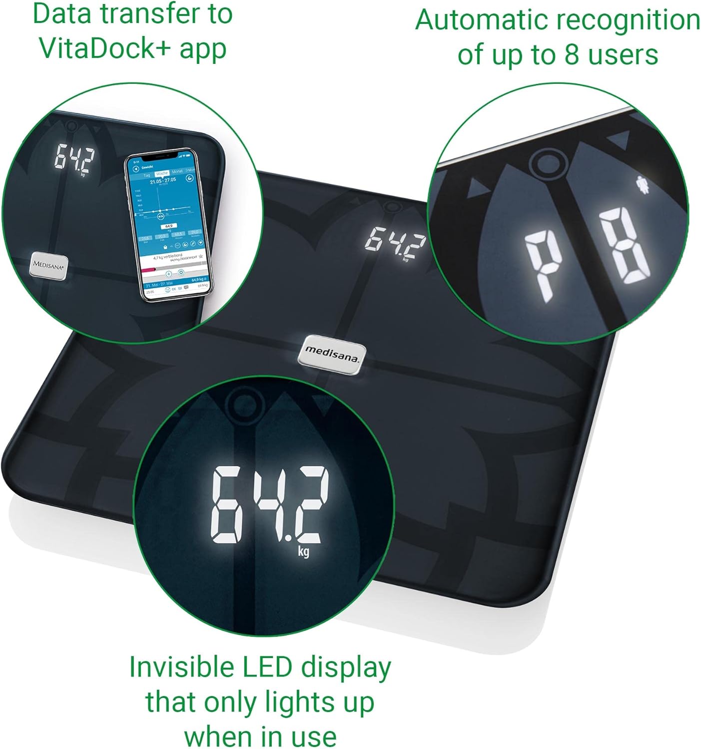 medisana BS 450 connect Digitale Personenwaage, Personenwaage, Körperfettwaage mit App, Messung von Körperfett, Körperwasser, Muskelmasse & Knochengewicht, Schwarz – Bild 4