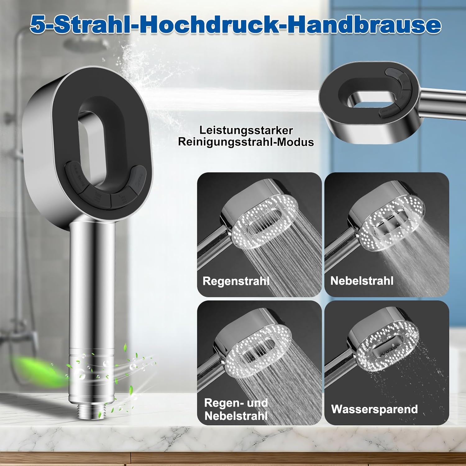 Hibbent Filterduschkopf mit Schlauch 1,5 m – Hochdruck-Handbrause mit 20 Stufen Wasserfilter gegen Chlor & Kalk – 5 Strahlarten Massageduschkopf für Haut & Haare, inklusive Filter – Bild 2