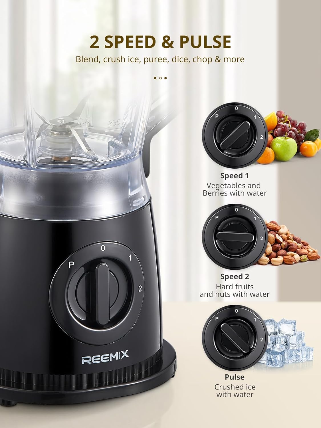 Standmixer 500 W, 1,5 L Mixer mit 2 Geschwindigkeitsstufen und Pulse-Funktion, Edelstahlmesser, abnehmbarer Deckel mit Messbecher, spülmaschinenfester Mixbecher für Smoothies und Shakes – Bild 2