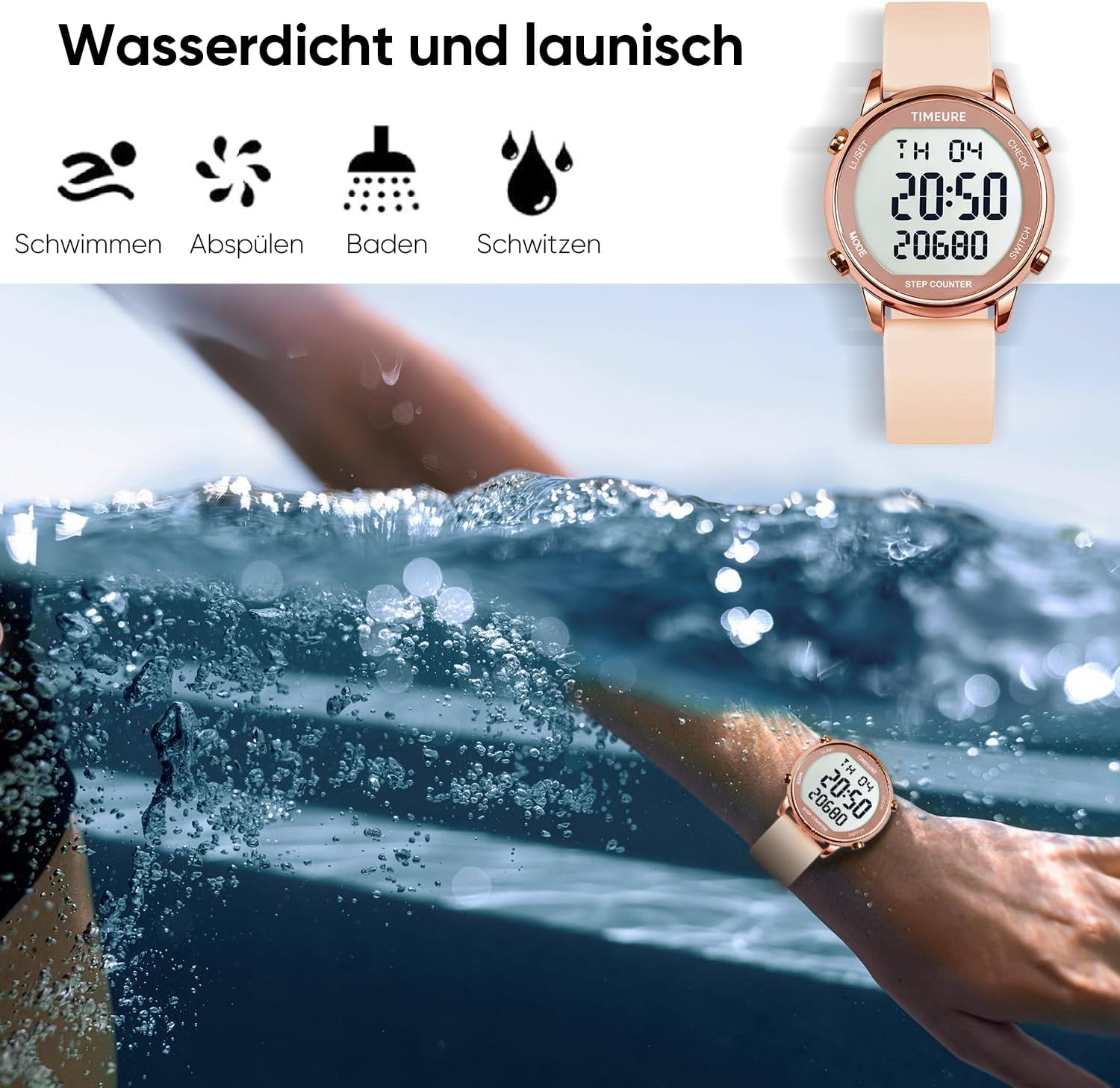 TU-2509 Schrittzähler-Uhr für Damen, Schrittzähler zum Gehen, keine App/Telefon erforderlich, wasserdichter Fitness-Kalorien-Tracker, Entfernungsmessung, Alarm, großes digitales Display, Uhr, TU-2509 – Bild 5