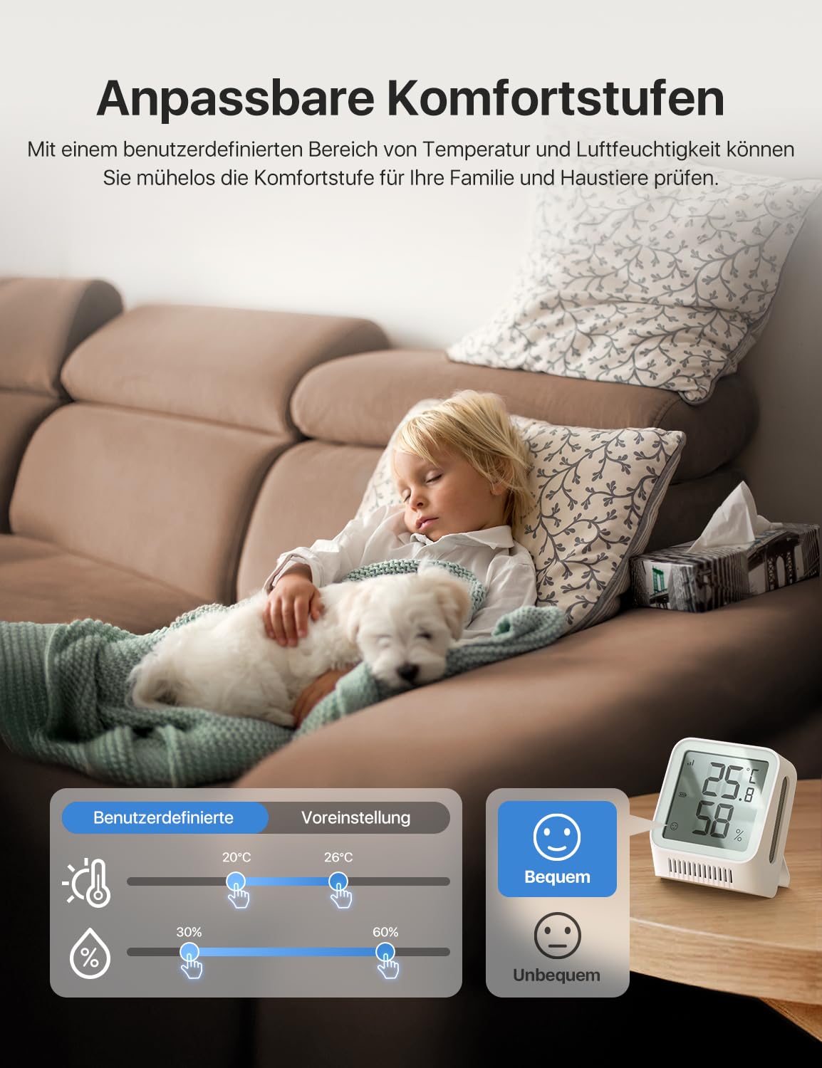 X-Sense WLAN Hygrometer Innenthermometer mit LCD-Display, Temperatur- und Luftfeuchtigkeitsüberwachung per App, Smiley-Anzeige, kompatibel mit Alexa, 4 Sensoren und Basisstation SBS50, STH0A41 – Bild 2