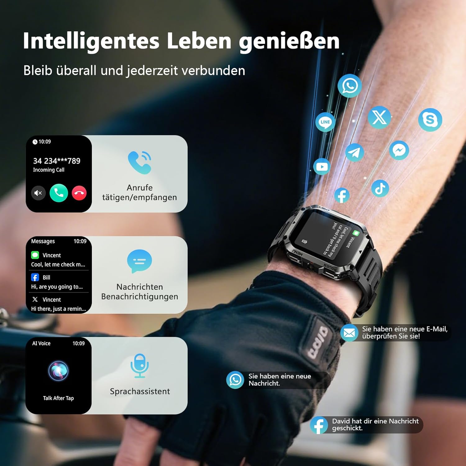 Blackview 900 mAh Herren-Smartwatch, Bluetooth-Anrufe/Kompass/LED-Beleuchtung/2 Armbänder (Silikon/Nylon), Sportuhr mit Puls-Schlaf-Schritten-Kalorien-Kilometer-Monitor, Fitness-Uhr für Android iOS – Bild 4