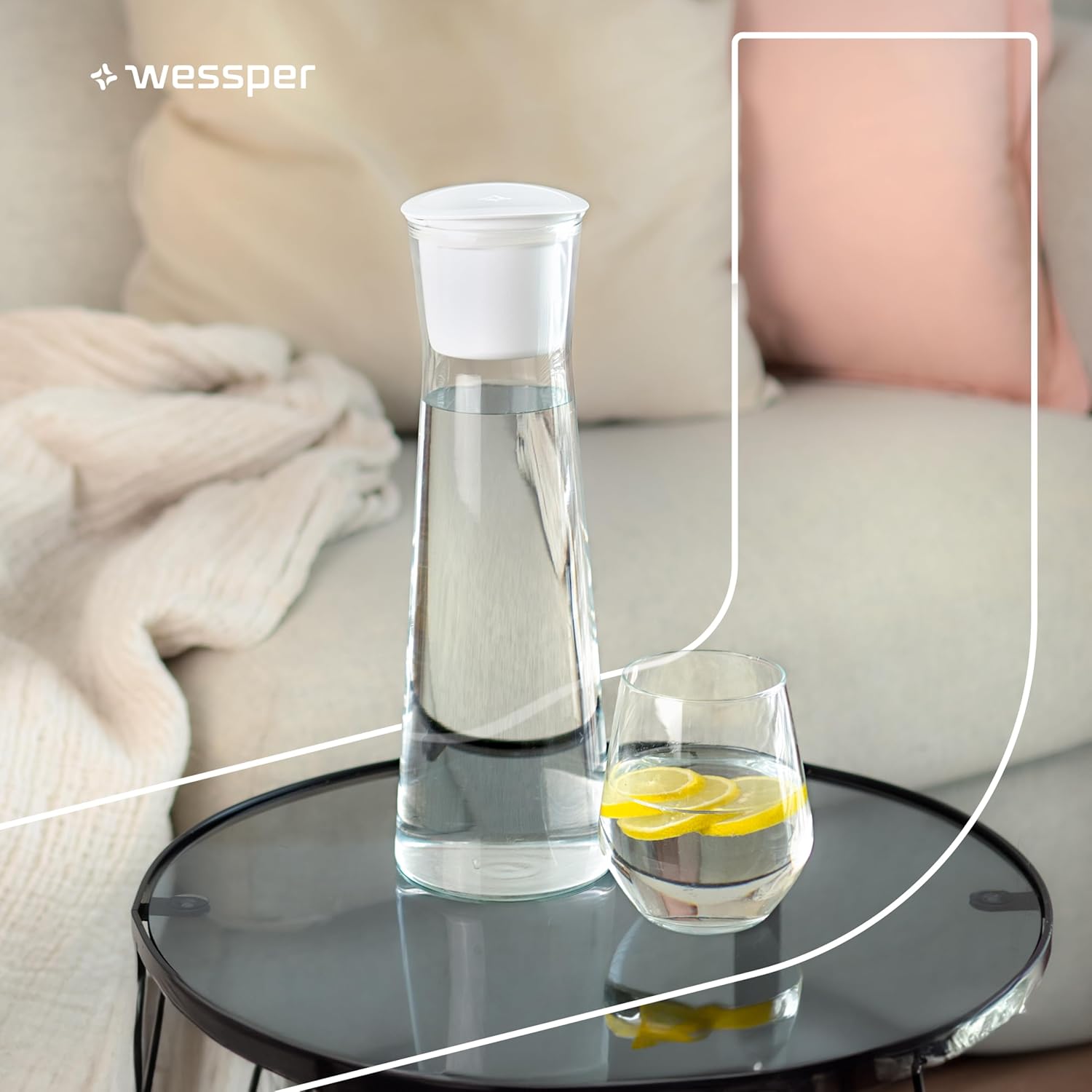 Wessper Glas-Wasserfilterkaraffe, 1 Liter, Wasserkaraffe mit Mikroscheiben-Wasserfilter, Glaskaraffe mit Deckel, zum Filtern von Wasser und Kaltgetränken, BPA-frei, Weiß – Bild 6