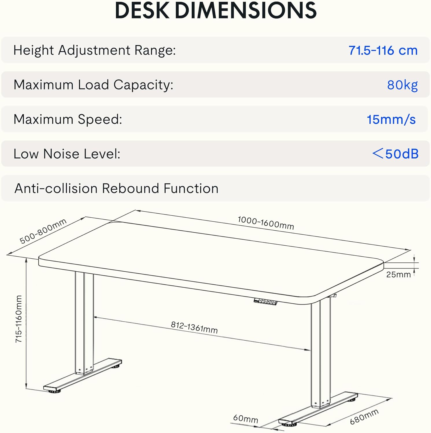 FLEXISPOT Basic höhenverstellbarer Schreibtisch 160 x 80 cm – einteilige Tischplatte – ergonomischer Sitz-Steh-Schreibtisch mit einfacher Bedienung (schwarz) – Bild 2