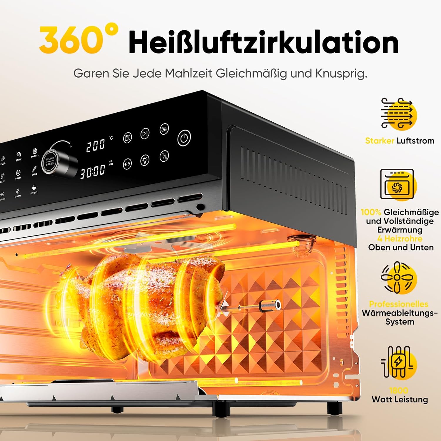 30L Heißluftfritteuse XXL Minibackofen mit LED-Touchscreen, Minibackofen mit Konvektionsluft mit 20 Programmen und zwei Garmodi, 1800W Heißluftfritteuse Heißluftfritteuse ohne Öl, 8 Stunden Timer, Rezeptbuch, 7 Anhänge – Bild 2