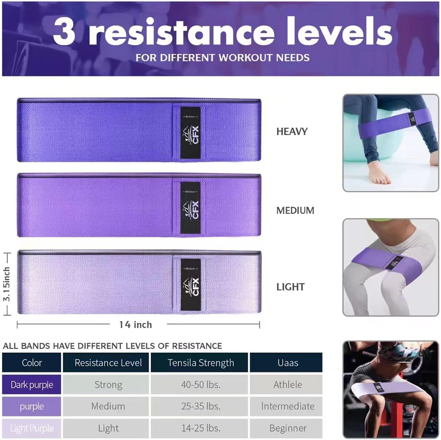 CFX Resistance Hip Bands, Fitnessbänder Set, Yogagurt in 3 Zugstärken, Trainingsband, Yogaband als Widerstand und Unterstützung für Beintraining, Krafttraining und Klimmzüge – Bild 4