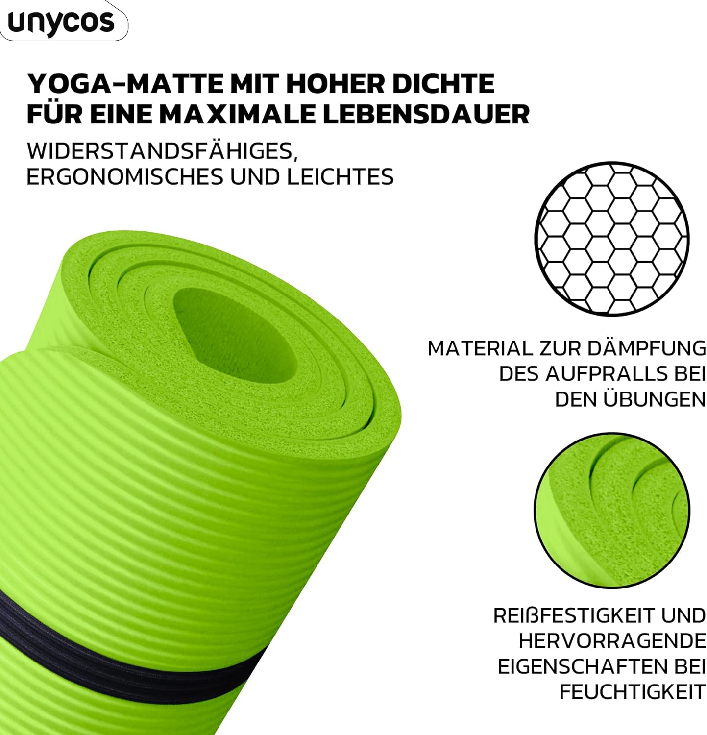 unycos - Yogamatte rutschfest | Hohe Dichte 6/10/15 mm, Gymnastikmatte mit Tragegurt und Schultergurt. 【Inklusive E-Book】 Hautfreundliche Fitnessmatte für Pilates, Trainingsmatte, Fitnessstudio – Bild 2