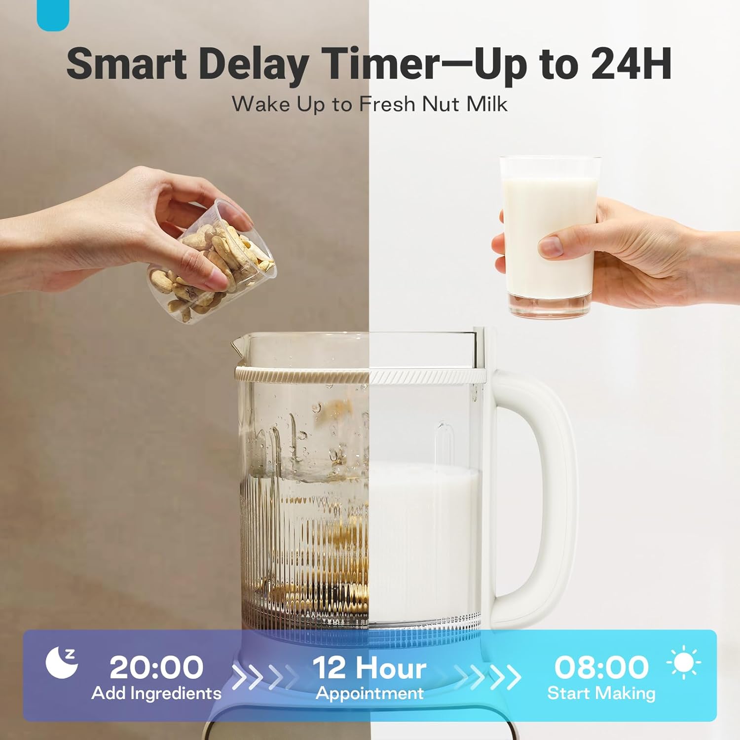 Livatro Nussmilchbereiter, 12-in-1,1,5 l, automatischer Sojamilchbereiter, abnehmbares Design, Mandel-/Hafermilch & Saft, 24-Stunden-Timer, Warmhalten, Selbstreinigung, Sicherheitsverriegelung (Beige1) – Bild 6