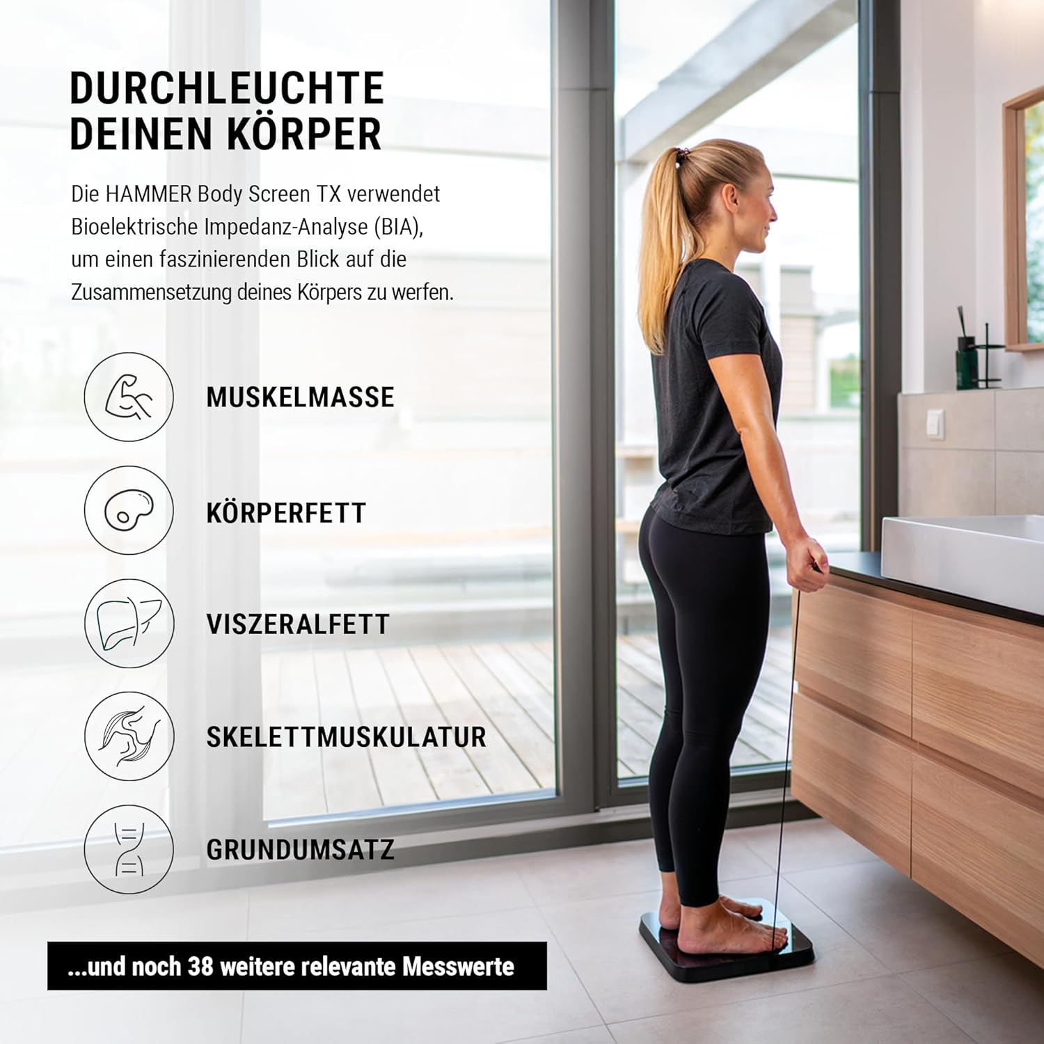 HAMMER Körperanalysewaage Body Screen TX in Schwarz – Körperwaage mit 43 Gesundheitsdaten, Körperfettwaage mit 8 Sensoren, innovative, segmentale Körperanalyse, Waage mit App und Bluetooth – Bild 7