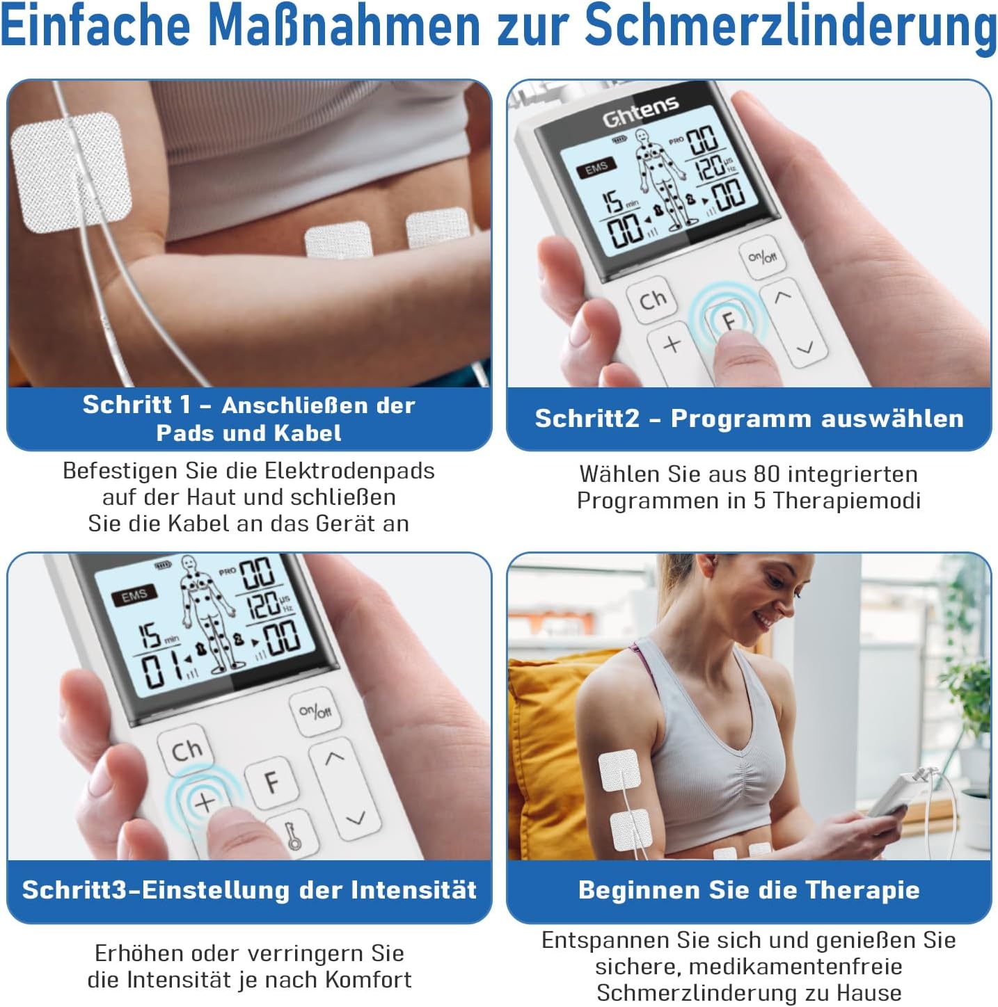 GHTENS TENS-Gerät Schmerztherapie, 5-in-1 Reizstromgerät (TENS/EMS/IF/RUSS/DIY) zur Schmerzlinderung durch elektrische Nervenstimulation, mit 80 Massageprogrammen, 2 Kanälen und 8 Elektrodenpads – Bild 9
