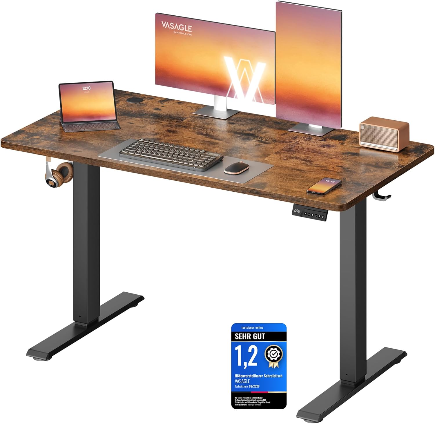 VASAGLE LSD312KD03 Höhenverstellbarer Schreibtisch, Stehpult, Computertisch, Long-Sit-Memory-Funktion, 4-Höhen-Büroschreibtisch, 120 x 60 cm, Vintage-Braun