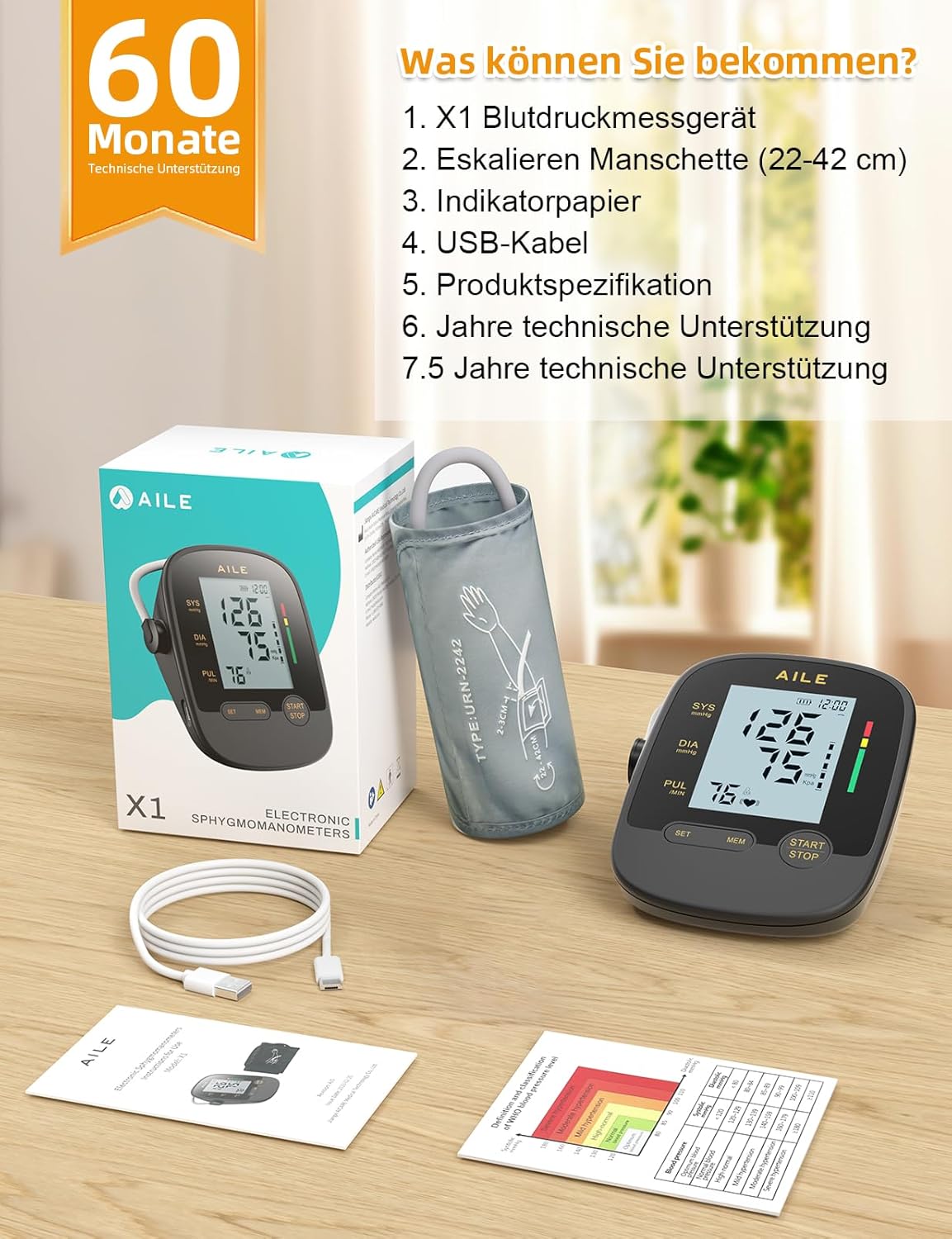Oberarm-Blutdruckmessgerät für den Heimgebrauch: Digitales AILE-Blutdruckmessgerät mit verstellbarer großer Manschette (22–42 cm), automatisches Bluthochdruckmessgerät, Ein-Knopf-Bedienung – Bild 7