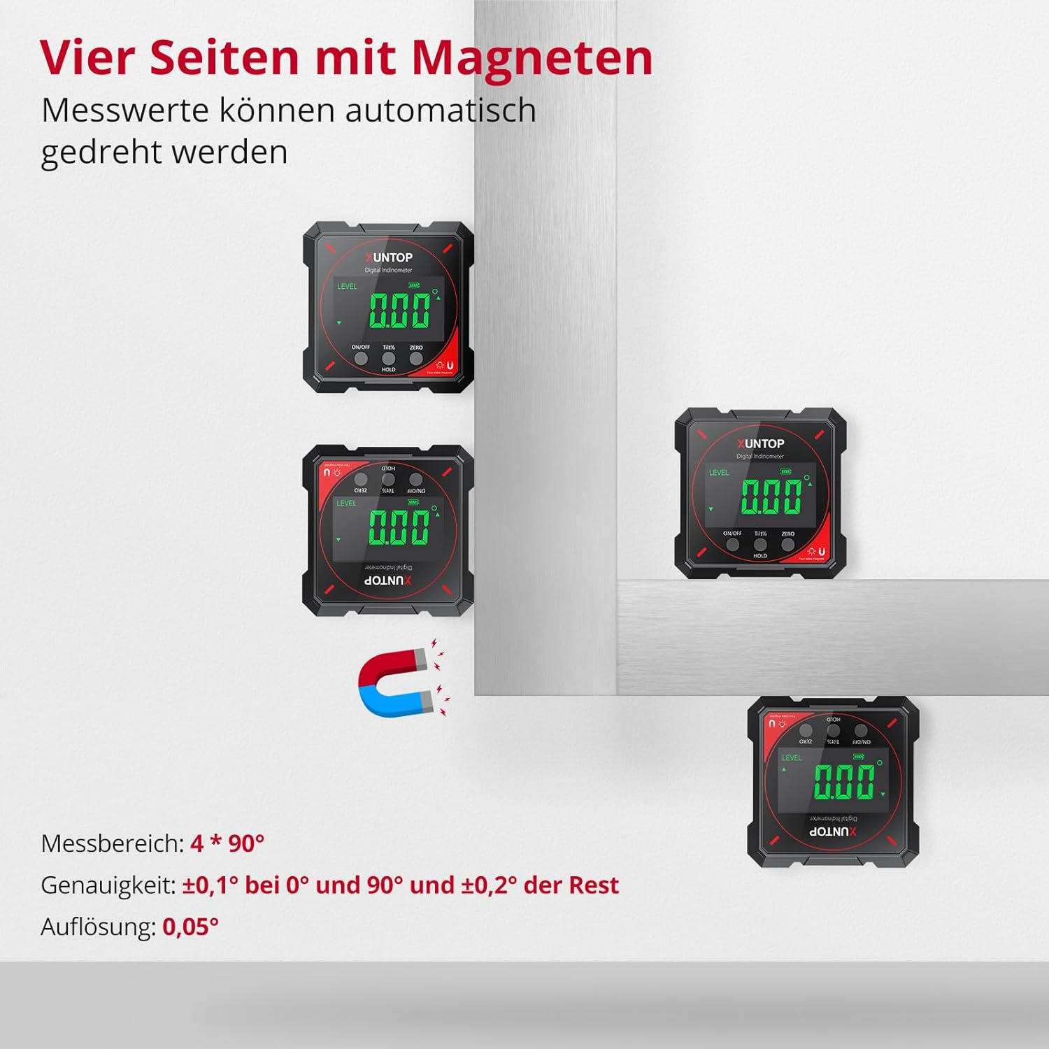 XUNTOP Digitaler Winkelmesser-Neigungsmesser mit LCD-Display, Typ-C-Schnittstelle, IP54, wasserdicht, magnetische Nivellierbox, Nivellierbox für Holzbearbeitung, Bau, Dekoration, Heimwerken – Bild 3