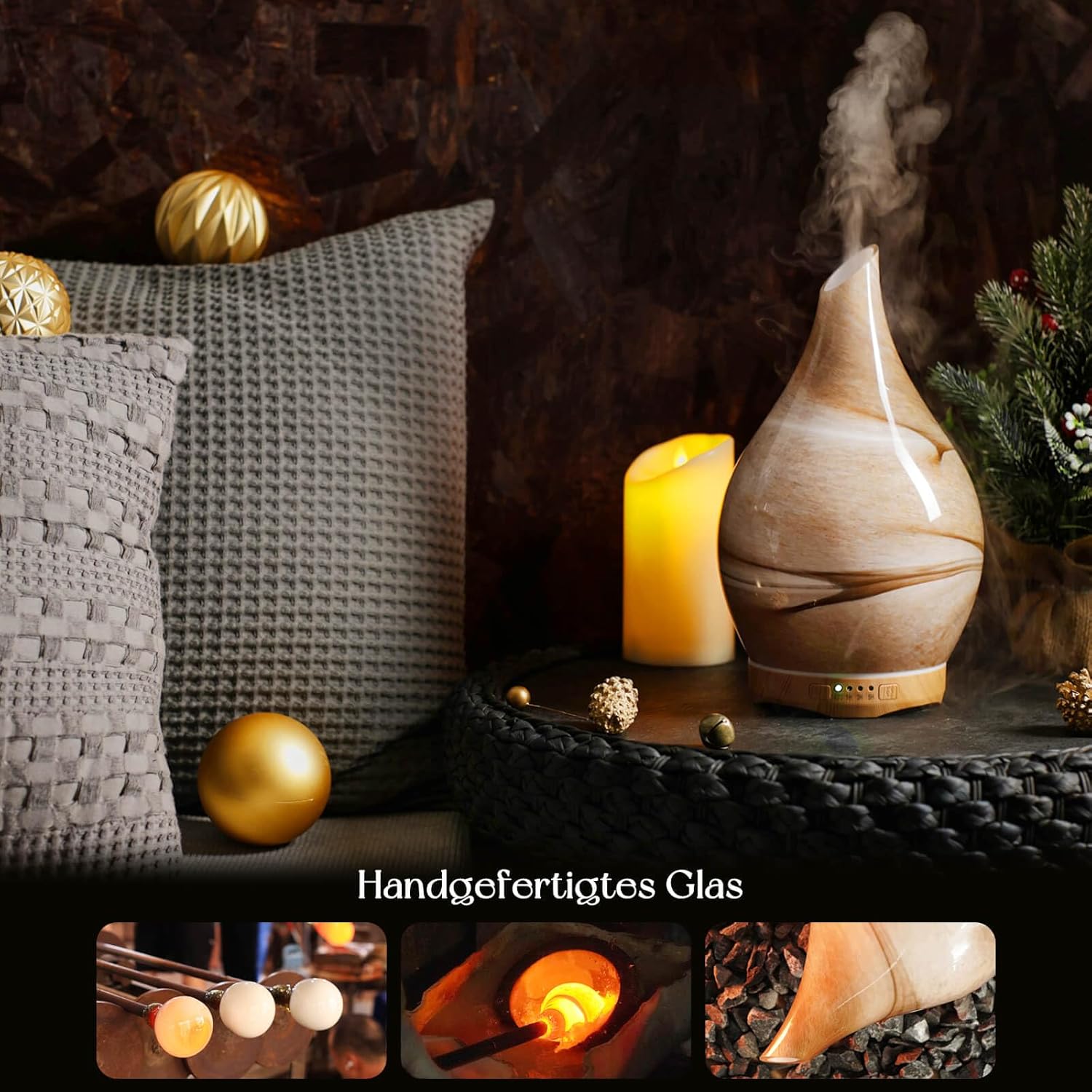 Porseme Aromadiffusor 280 ml, Luftbefeuchter aus mundgeblasenem Glas, Ultraschall-Aromatherapie-Öldiffusor mit 7 farbigen LED-Lichtern, Diffusor für ätherische Öle mit Fernbedienung für Zuhause (Wüste) – Bild 4