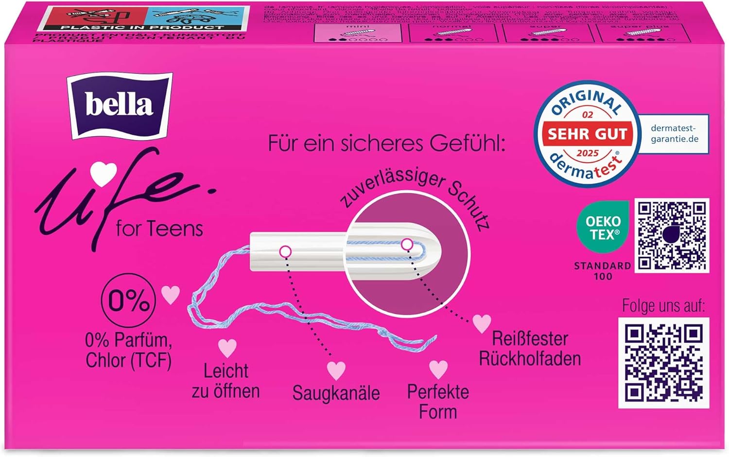 bella For Teens Tampons Mini im 5er Pack (5 x 16 Stück) | Dermatest: Ausgezeichnet | Saugfähige und bequeme Tampons für die erste Periode | Leicht zu öffnen für Jugendliche mit Easy Twist – Bild 3