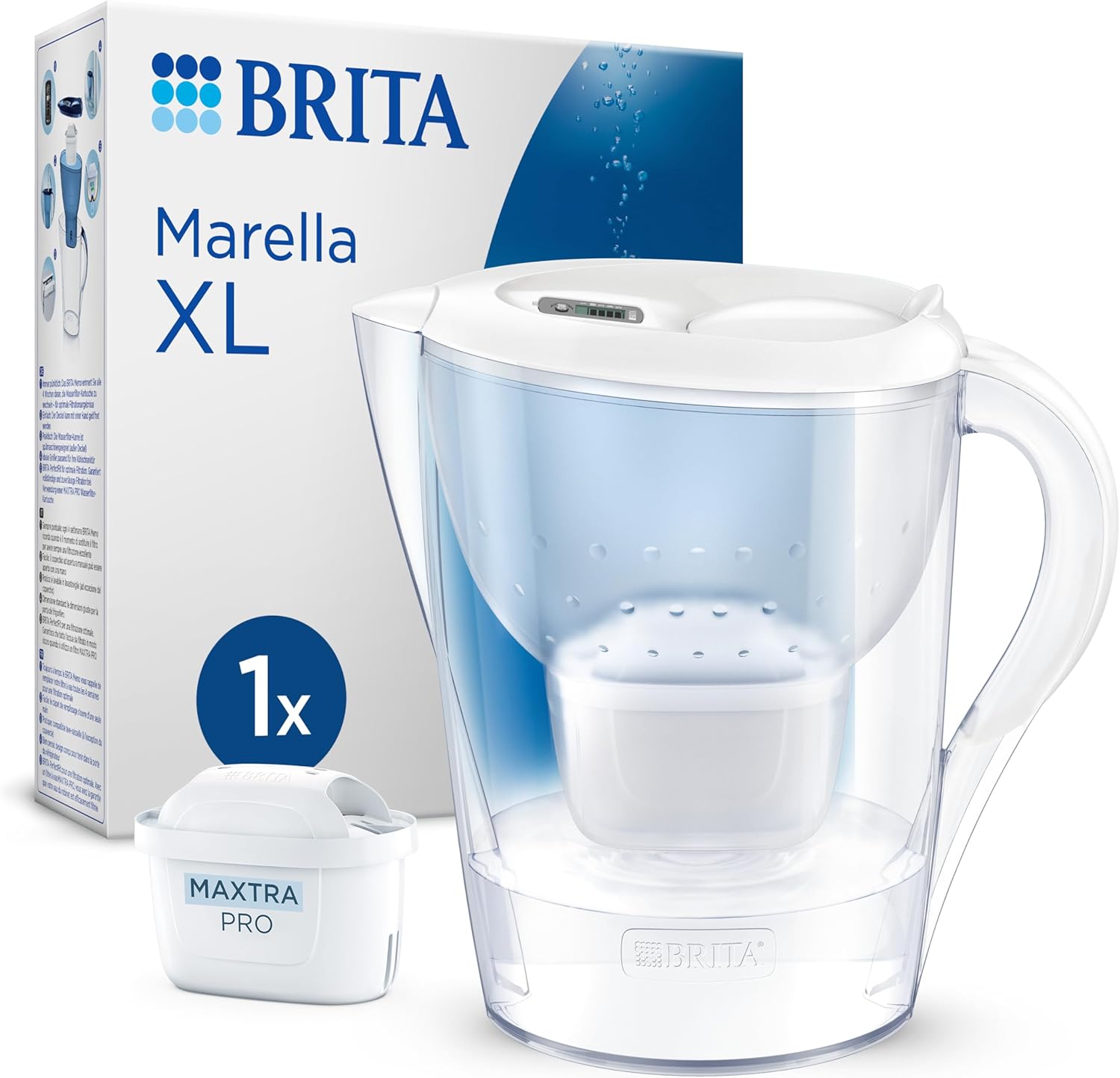 BRITA Marella XL Wasserfilterkanne Weiß (3,5 L) inkl. 1x Maxtra Pro Pure Performance Kartusche – Große Filterkanne mit Smart Light LED & Klappdeckel, filtert Verunreinigungen & mehr