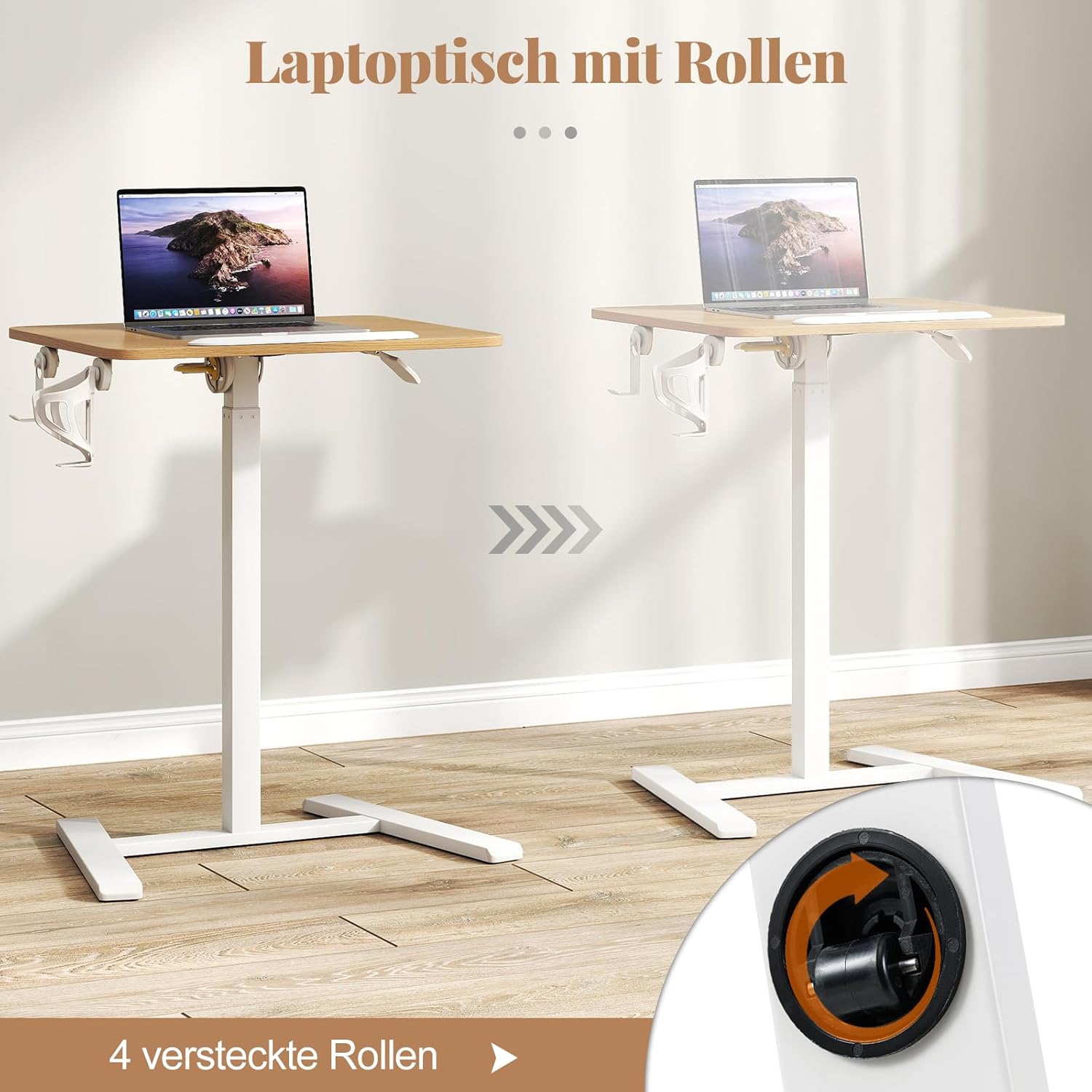 COSTWAY Beistelltisch höhenverstellbar mit versteckten Rollen, Stehtisch mit um 90° neigbarer Tischplatte, Haken und Getränkehalter, Stehpult, Stehpult, Laptoptisch für Wohnzimmer – Bild 7