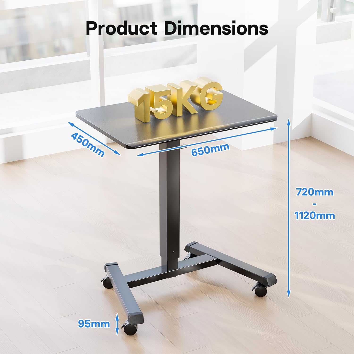 BONTEC Stehpult, 65 x 45 cm, höhenverstellbarer Schreibtisch/mobiler Stehtisch mit 4 Rollen, Steh-Sitzschreibtisch mit Rollen, Überbetttisch für Wohnzimmer, max. 15 kg, schwarz – Bild 2