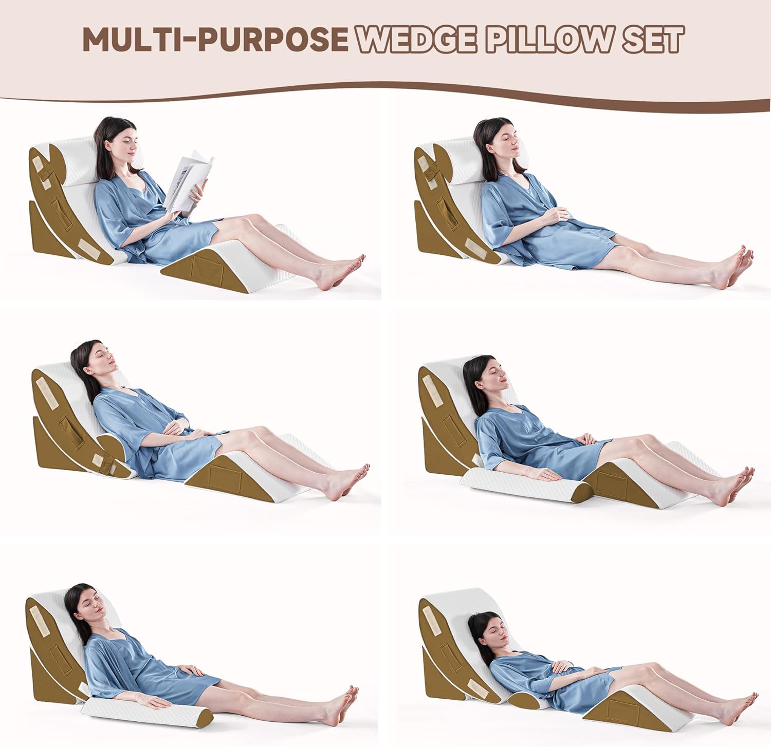 4-teiliges orthopädisches Keilkissen-Set zum Schlafen, Schaumstoffkissen nach Operationen zur Linderung von Körper-, Rücken- und Beinschmerzen, dreieckiges, verstellbares Stützkissen mit saurem Reflux-Schlafkissen, braun – Bild 6