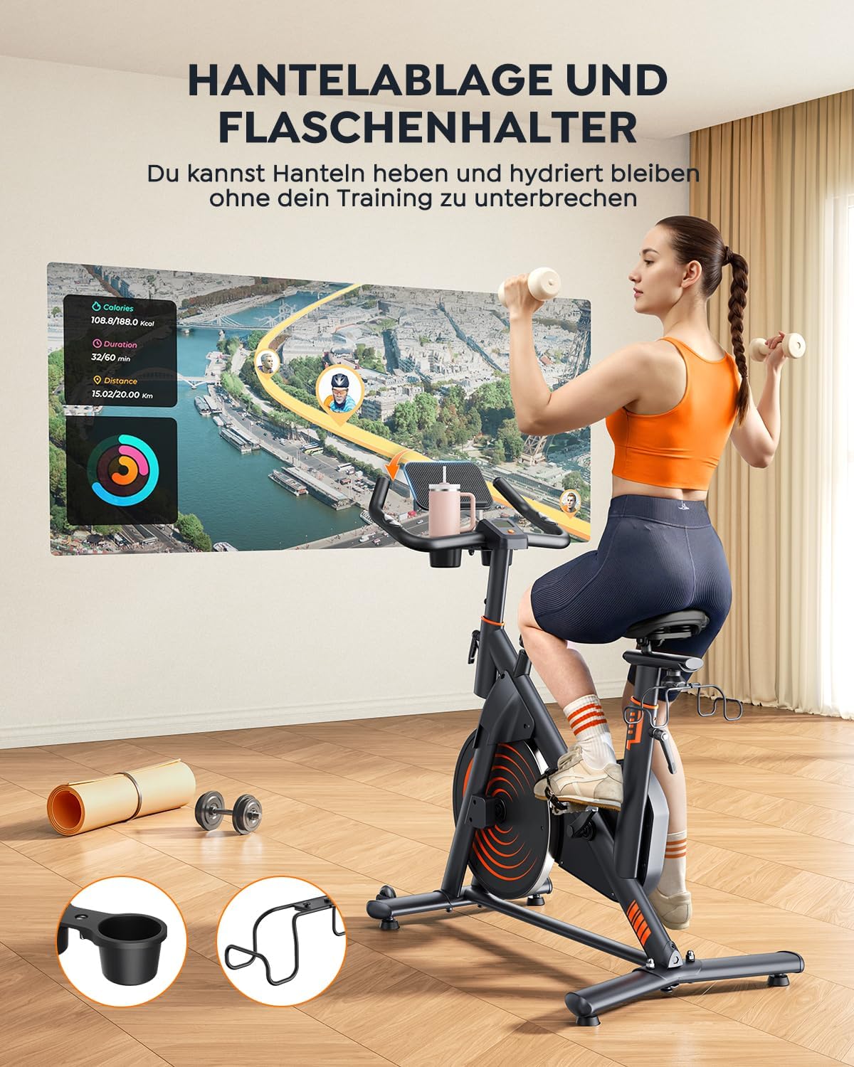 Hometrainer Fahrrad mit App, Ultraleise Heimtrainer Fahrrad, Ergonomisches Design, LCD Display mit Pulsmessung, Magnetischer Widerstand, 15KG Schwungrad, Bis 160KG – Bild 7
