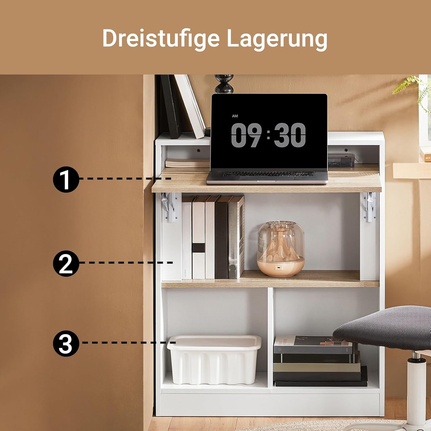 SoBuy FWT104-WN Schreibtisch mit klappbarer Arbeitsfläche, kompakter Computer- und Arbeitstisch, platzsparender Tisch für Heimbüro und Büro, Weiß und Natur, 70 x 57 x 85 cm – Bild 5