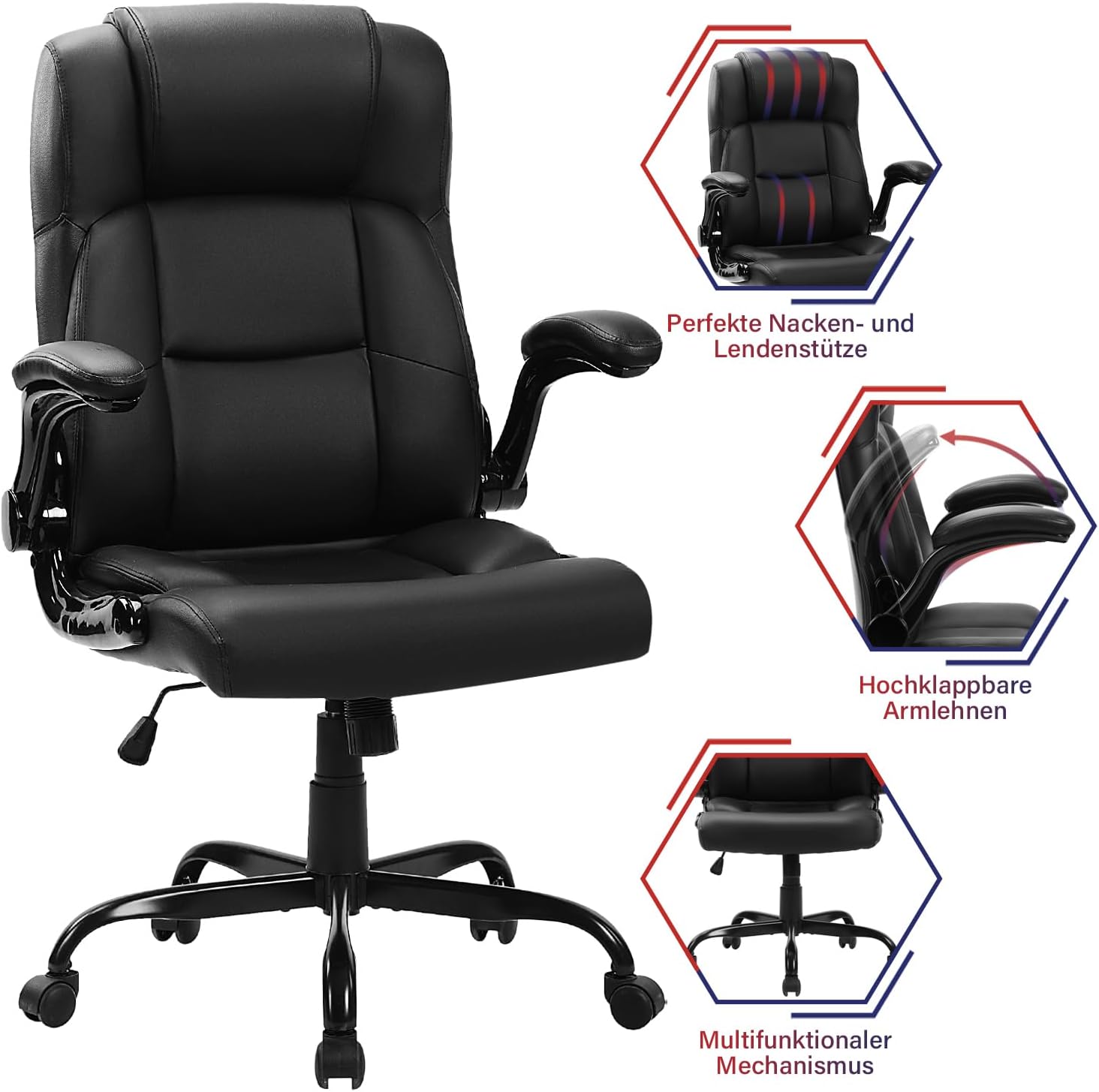 Bosmiller Ergonomischer Bürostuhl, 150 kg, verstellbarer Schreibtischstuhl, PU-Leder, Bürostuhl für Büro, mit klappbaren Armlehnen, Computer-Chefsessel – Bild 3