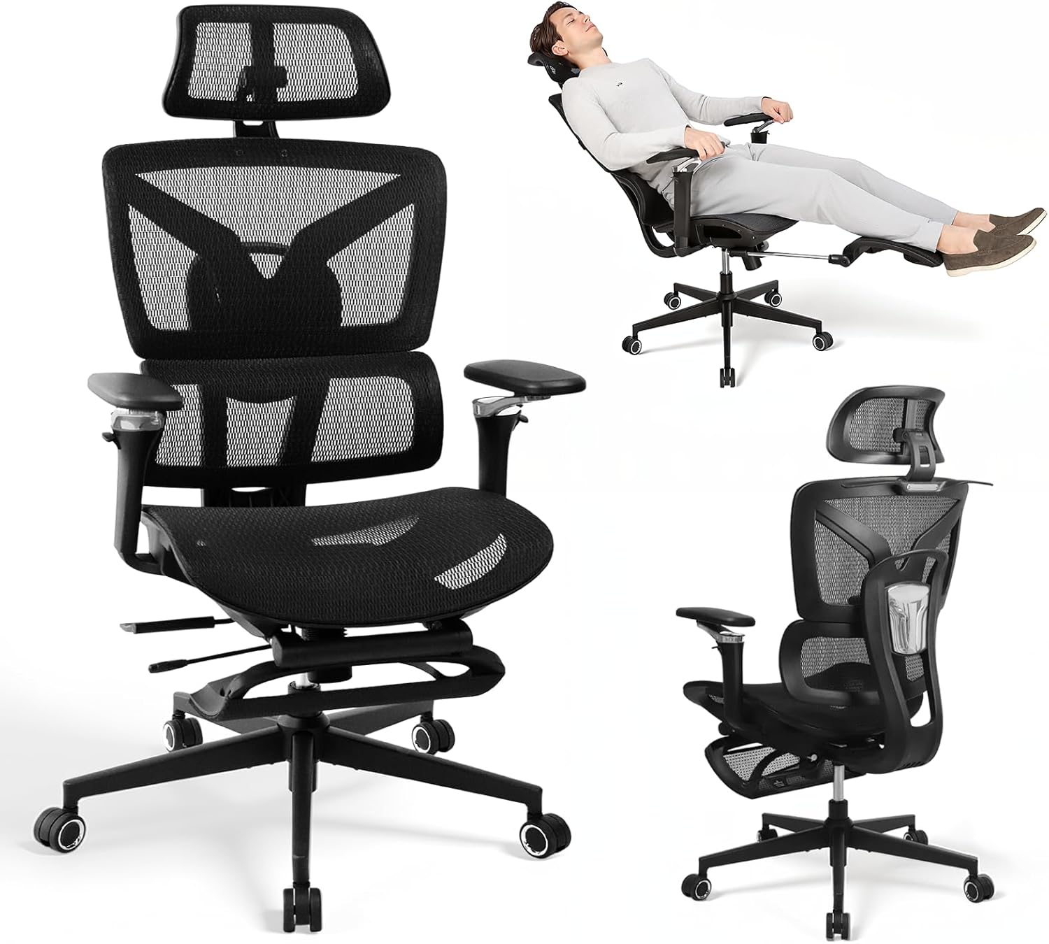 Ergonomischer Bürostuhl, groß und schwer, mit Fußstütze, 5D-verstellbaren Armlehnen, Lordosenstütze, Netzrückenlehne, verstellbarer Sitztiefe, drehbarer Gaming-Stuhl, Schwarz
