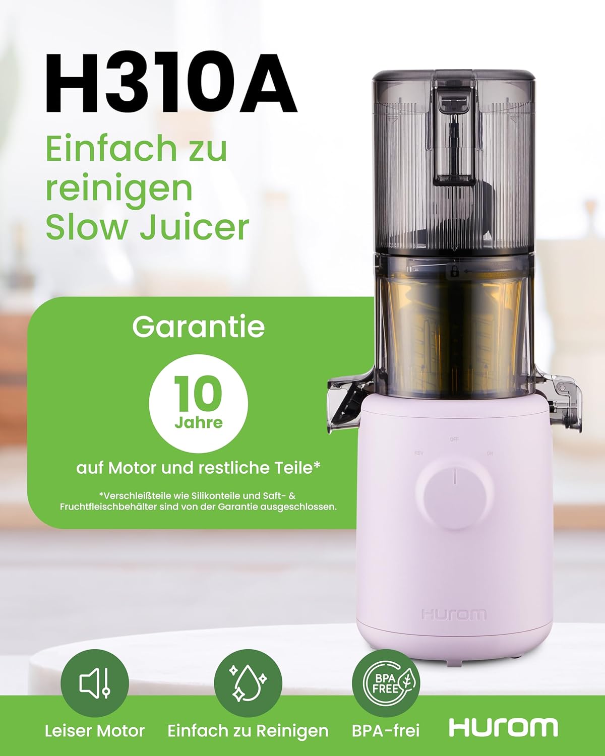 Hurom Slow Juicer H310 Entsafter für Gemüse und Obst, leicht zu reinigen und leiser Motor, elektrischer Entsafter mit Siebfilter, 100 Watt, BPA-frei, schlankes Design, 220 ml, Lavendel – Bild 2