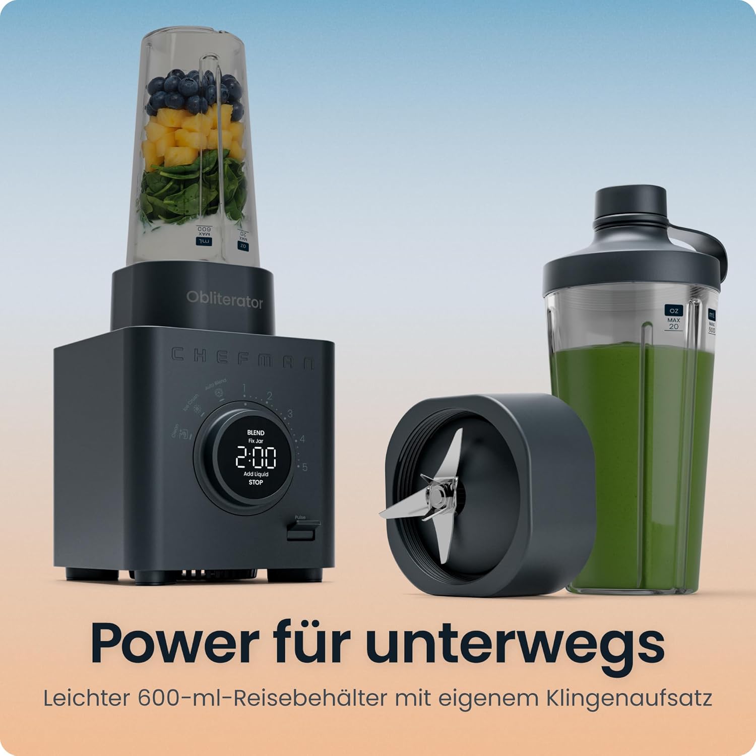 Chefman Obliterator 1,2-l-Mixer für Smoothies, 1380-W-Motor zum Zerkleinern von Eis, Nüssen und gefrorenen Früchten mit Edelstahlklinge, automatische Mischfunktion, inklusive 600-ml-Reisebehälter – Midnight – Bild 8