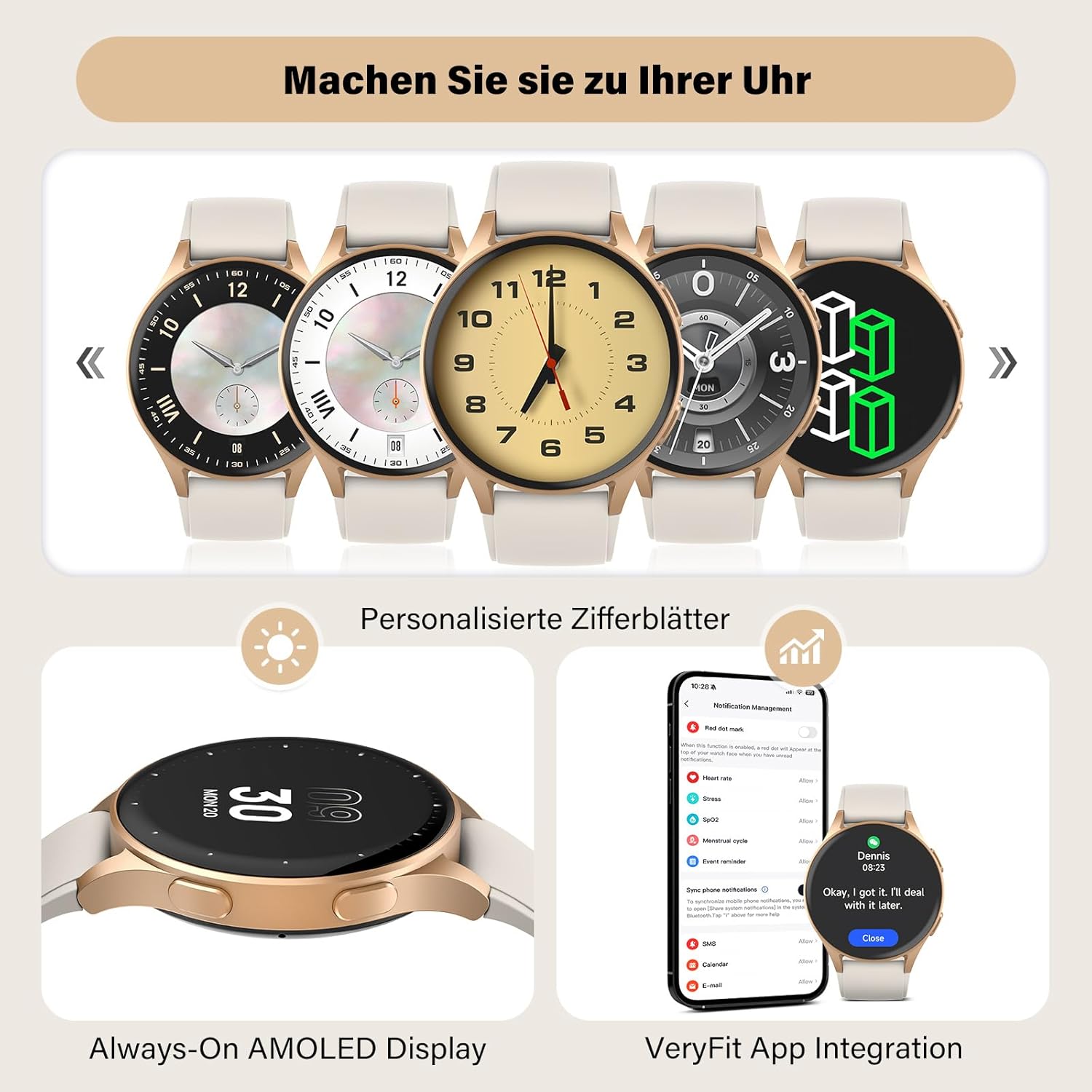 Smartwatch Damen Gold mit Telefonfunktion, 1,32" AMOLED Display Elegant, Fitness Uhr mit Alexa & GPS, SpO2/Puls/Zyklustracking, 5ATM Wasserdicht, Schrittzähler Uhr für Android iOS – Bild 8