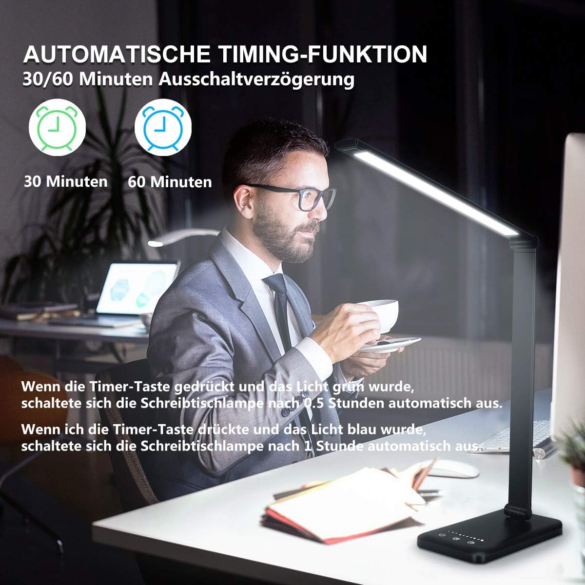 Dimmbare LED-Schreibtisch-Tisch- und Schreibtischlampe mit 5 Farben und 10 Helligkeitsstufen, augenfreundliche Nachttischlampe mit USB zum Aufladen von Smartphones, Lampe für Kinder – Bild 6