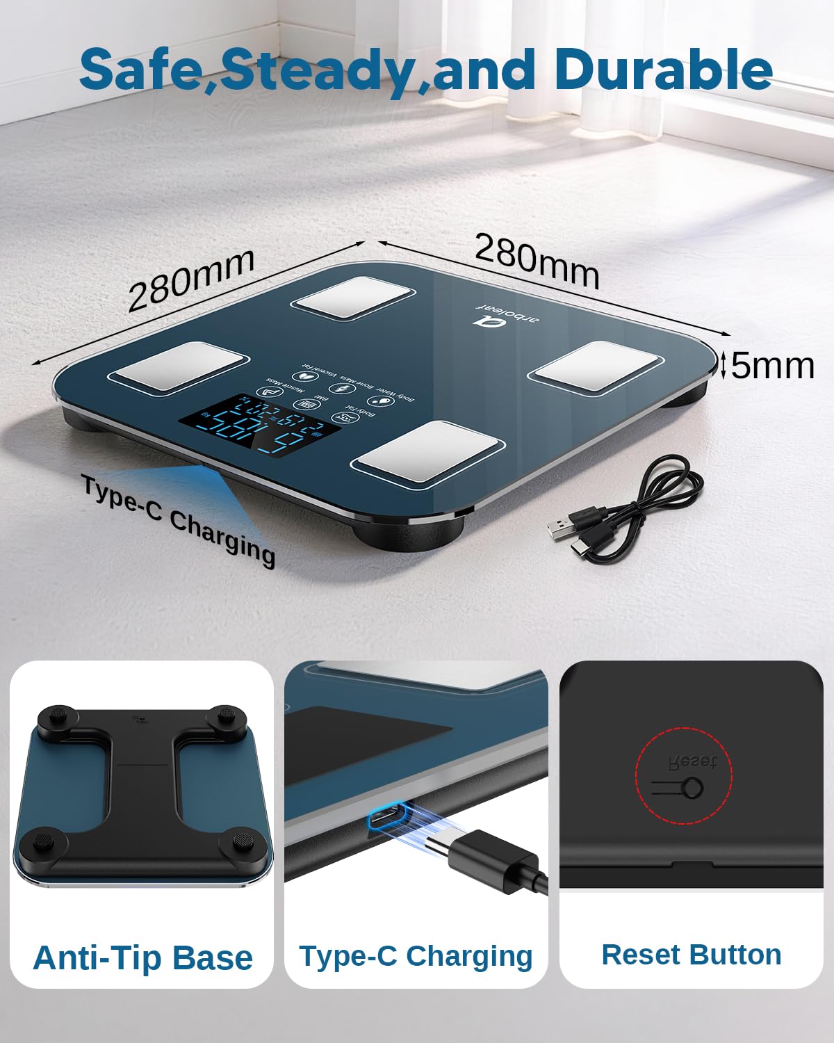 arboleaf Körperfettwaage USB wiederaufladbar, Körperanalysewaage mit zweireihigem LED-Display, Waage mit Körperfett und Muskelmasse für BMI & 14 Werte, digitale Personenwaage ohne Batterie bis 180 kg – Bild 4