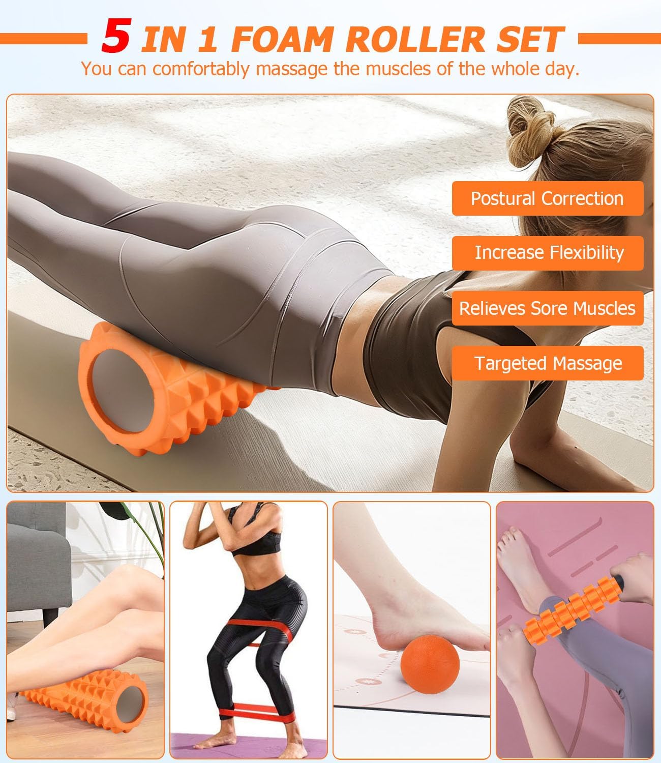 Farbiges 5-in-1-Massageset, hochdichte Faszienrolle Wirbelsäule, Massagerolle, Massageball, Spanner, Widerstandsband für Tiefenmuskelmassage, Fitnessübungen für den ganzen Körper, Pilates-Set – Bild 2