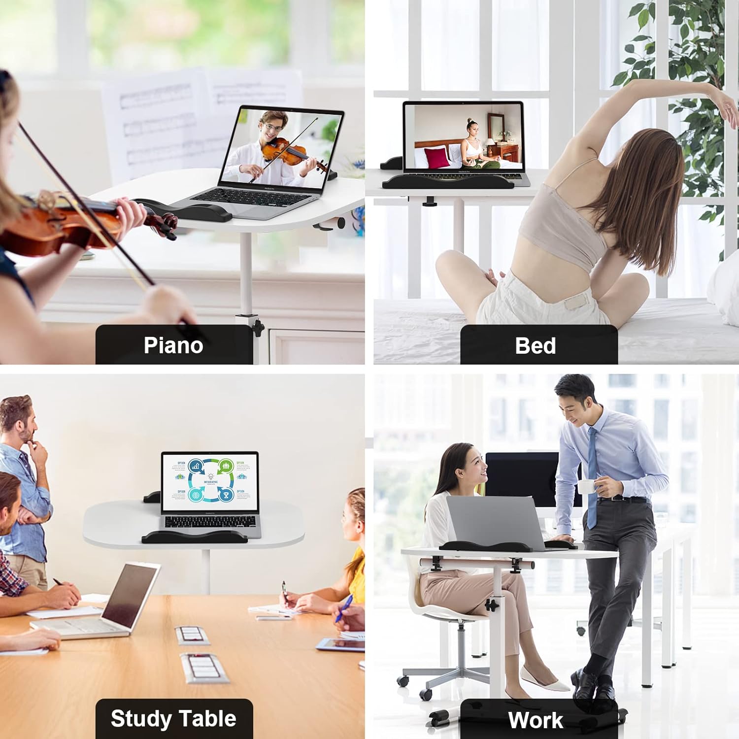 Kleiner Klapptisch, Beistelltisch auf Rollen, höhenverstellbar, Computertisch, mobiler Stehtisch, ergonomisch 360° drehbar (weiß, 60 x 40 x 61-95 cm) – Bild 8