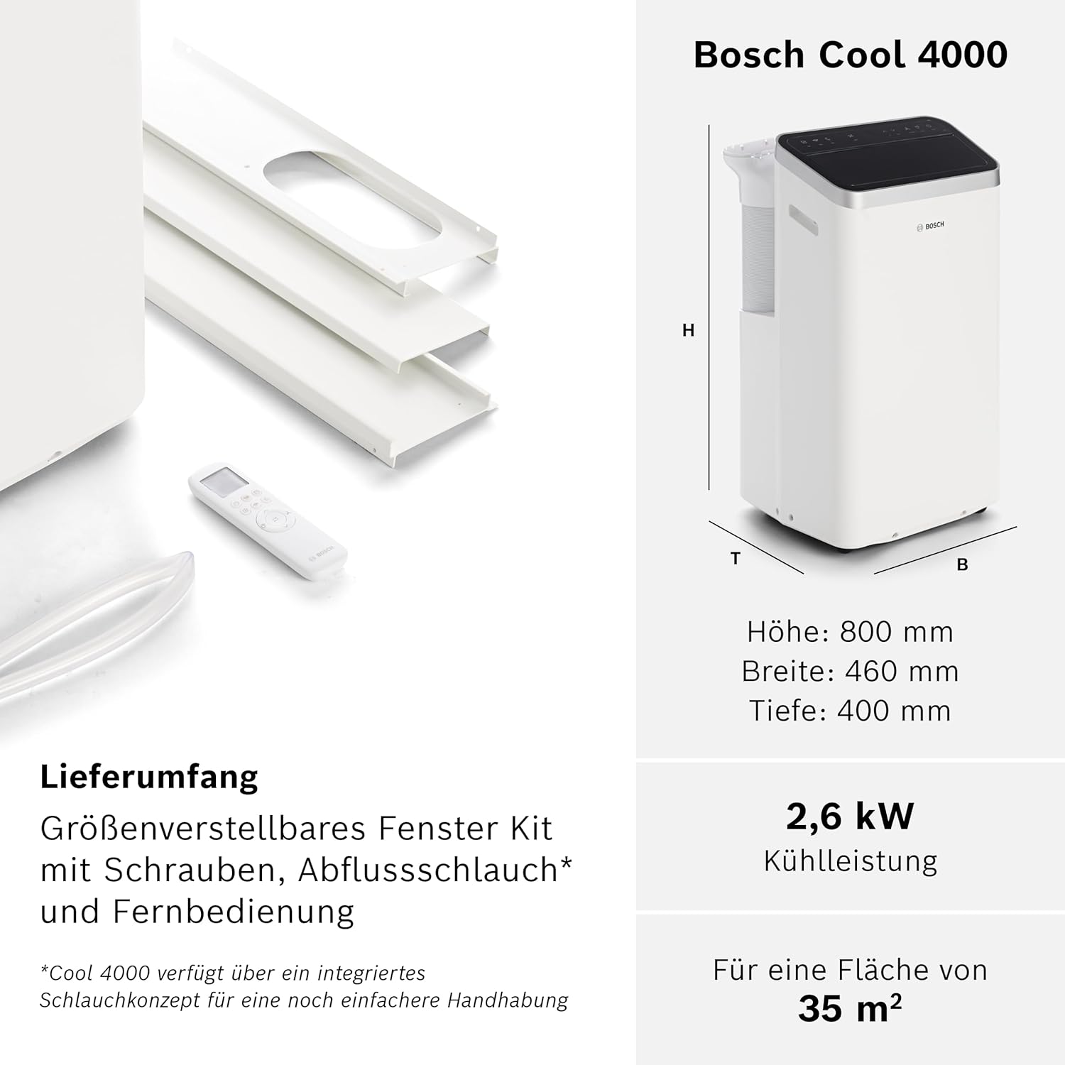 Bosch Cool 4000 Mobiles Klimagerät, 3-in-1-Klimagerät, Luftentfeuchter, Ventilator, 2,6 kW für Räume bis 35 m², mit Auto-Modus, Silent-Modus, Schlafmodus – Bild 7