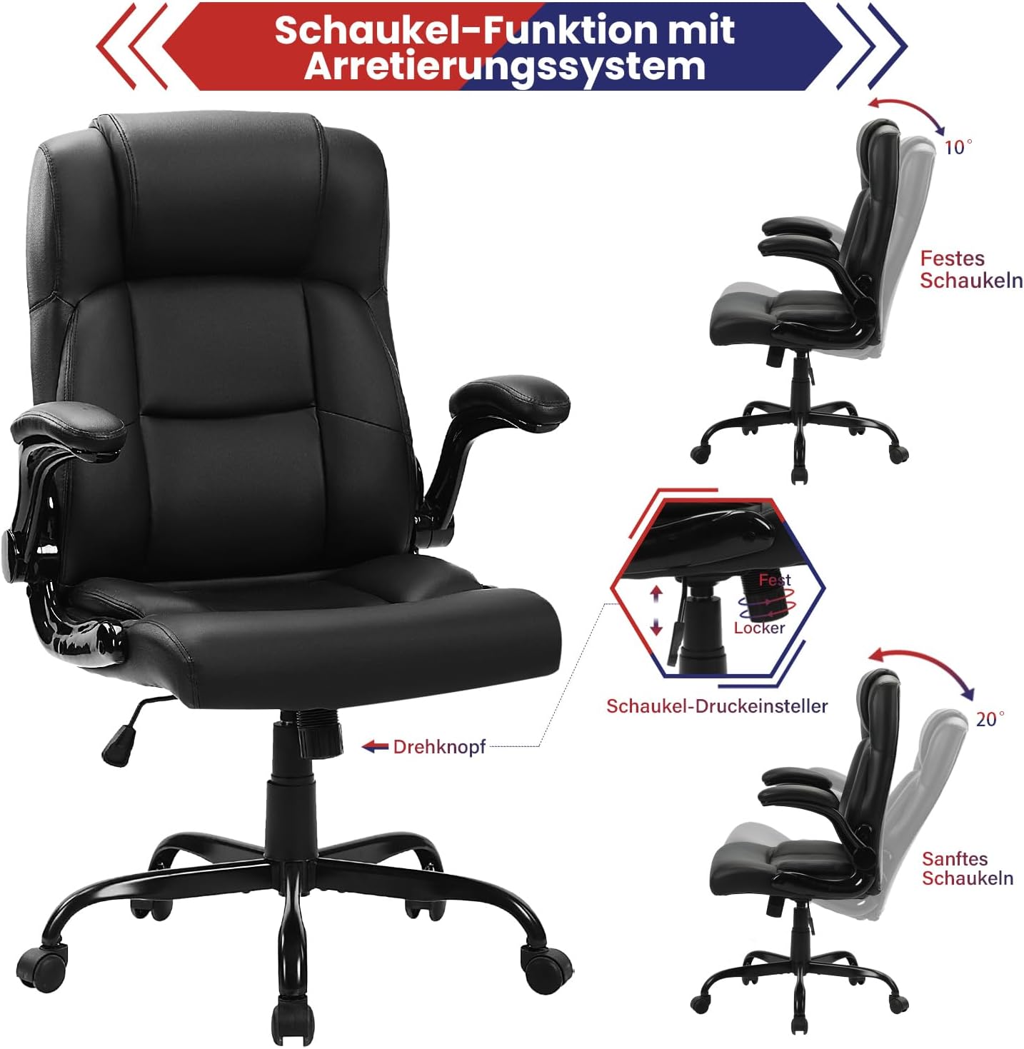 Bosmiller Ergonomischer Bürostuhl, 150 kg, verstellbarer Schreibtischstuhl, PU-Leder, Bürostuhl für Büro, mit klappbaren Armlehnen, Computer-Chefsessel – Bild 4