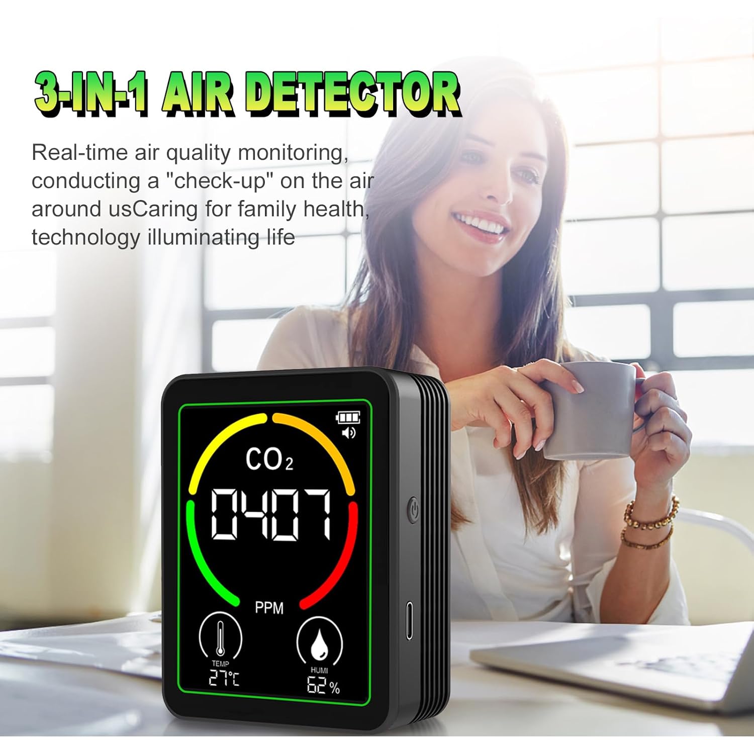 Eujgoov 3-in-1-Luftqualitätsmonitor-Detektormessgerät, CO2-Luftfeuchtigkeitstemperatur in Echtzeit, 2,8-Zoll-Farbbildschirm für das Fitnessstudio im Home Office (Schwarz) – Bild 7