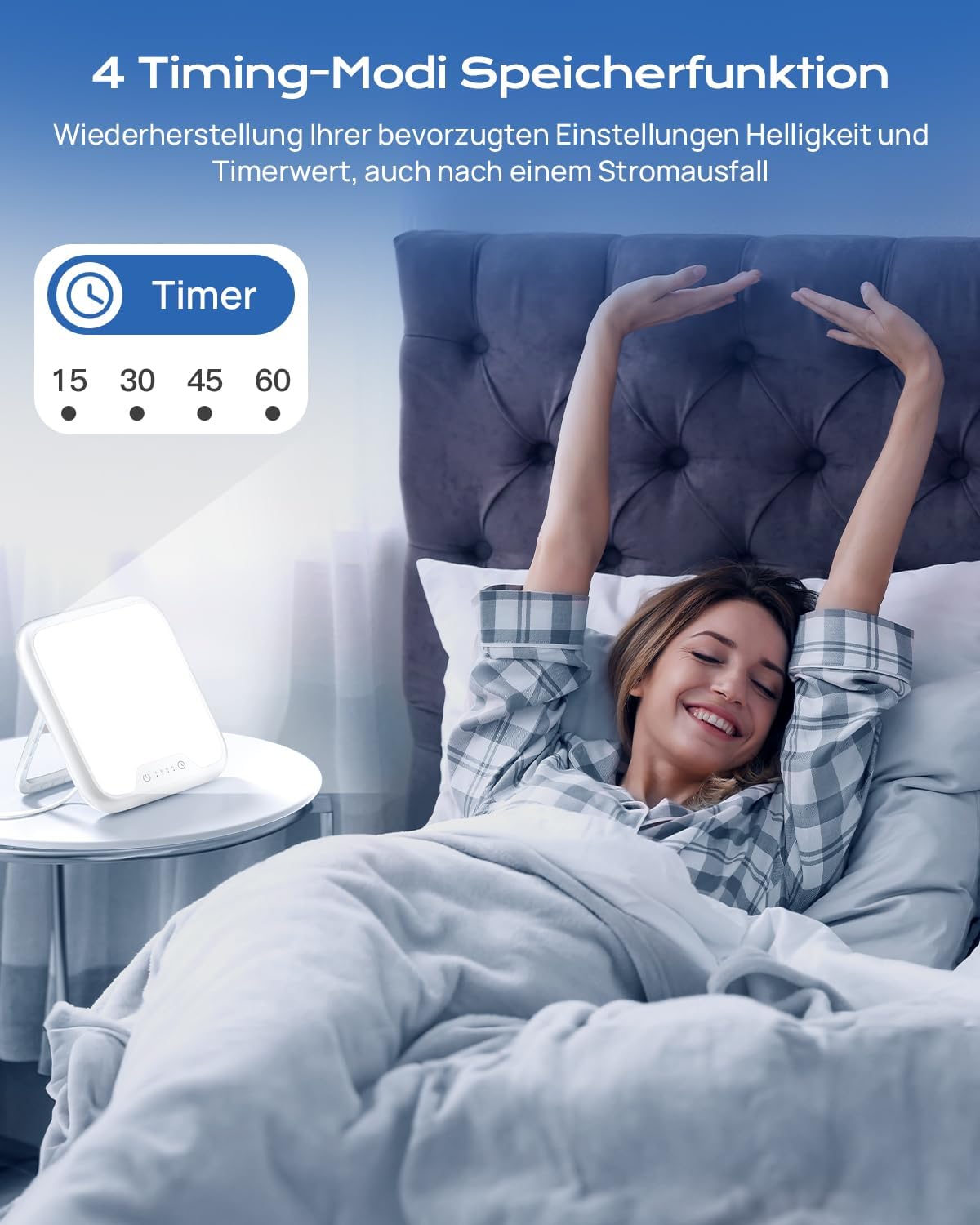 Tageslichtlampe, Tageslichtlampe, 10.000 Lux UV-freie Sonnenlichtlampe gegen Depression, Lichttherapielampe mit Memory-Funktion, 4 Timer, Touch-Steuerung, stufenlose Helligkeit, faltbare Halterung – Bild 3