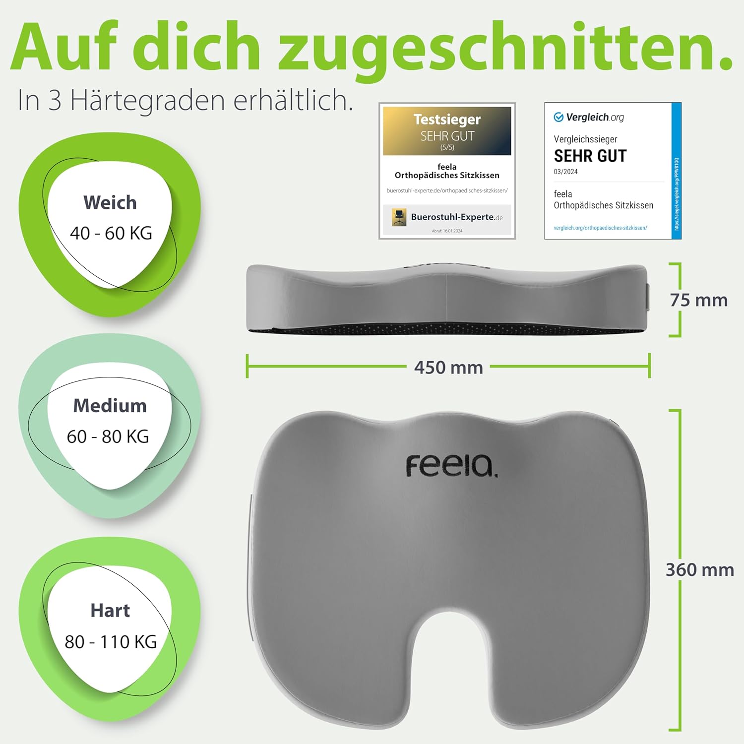 Feela.® Orthopädisches Sitzkissen, 3 Härtegrade, ergonomisches Sitzkissen für Bürostuhl etc., lindert Schmerzen, erhöht den Sitzkomfort, fördert die Durchblutung und entlastet das Steißbein, hart – Bild 4