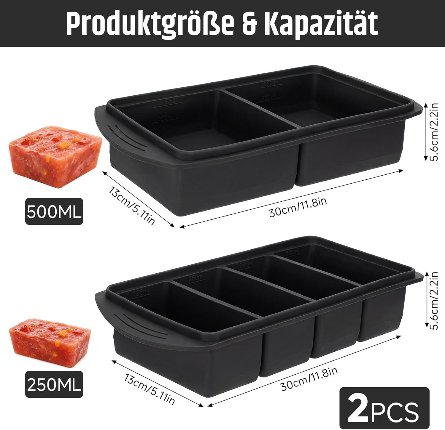 Silikon-Gefrierform mit Deckel-Set (2 + 4 Fächer) – Gefrierbehälter & Schaufel mit Skala 250–500 ml für Suppe, Saucen & Essenszubereitung, auch als Eiswürfelform verwendbar, BPA-frei, stapelbar (schwarz) – Bild 4