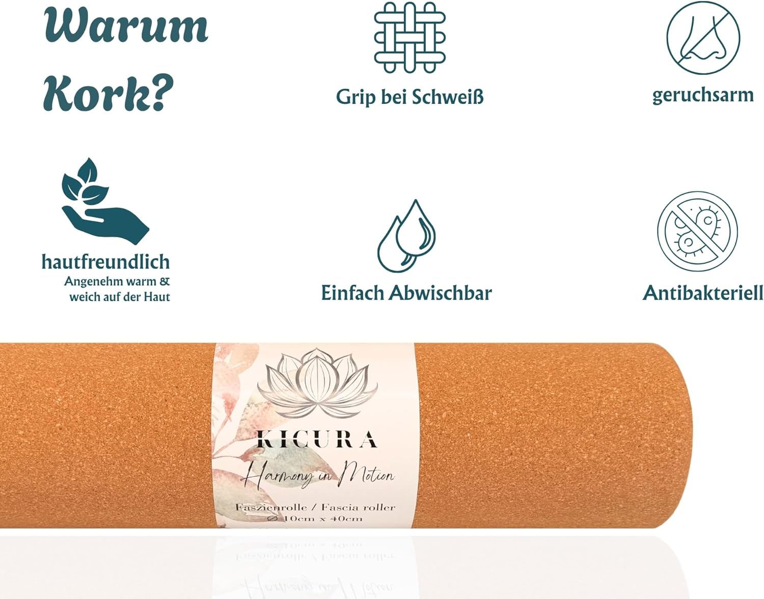 Kork-Faszienrolle aus Naturkork, 40 cm lang, Durchmesser 10 cm, hart, für Faszienmassage, Yoga und Pilates – Bild 5