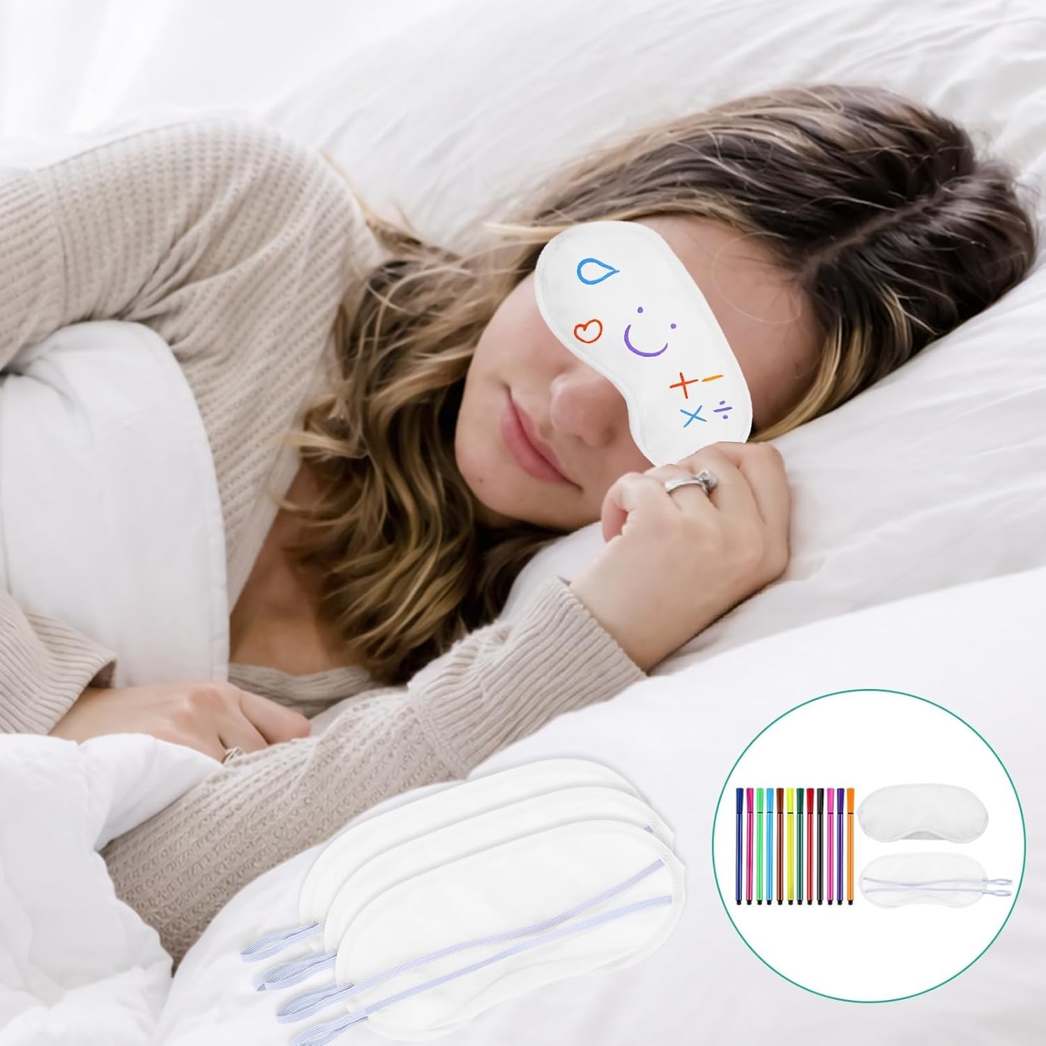 Bemalbare Schlafmasken, 16 Stück, 18,5 x 8,5 cm, weiße Augenabdeckungen, Reise-Schlafmasken mit 12 Buntstiften, weich für Reisen, Spiel und Schönheitsroutinen – Bild 7
