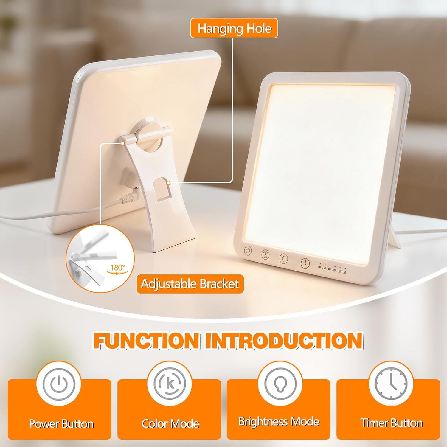 Tageslichtlampe, 15.000 Lux, dimmbar, UV-freie LED-Lichttherapielampe, 6 Timer, 180°-Halterung, Touch-Steuerung, Sonnenlichtlampe für Depressionen, Vollspektrumlampe für Zuhause/Büro – Bild 2