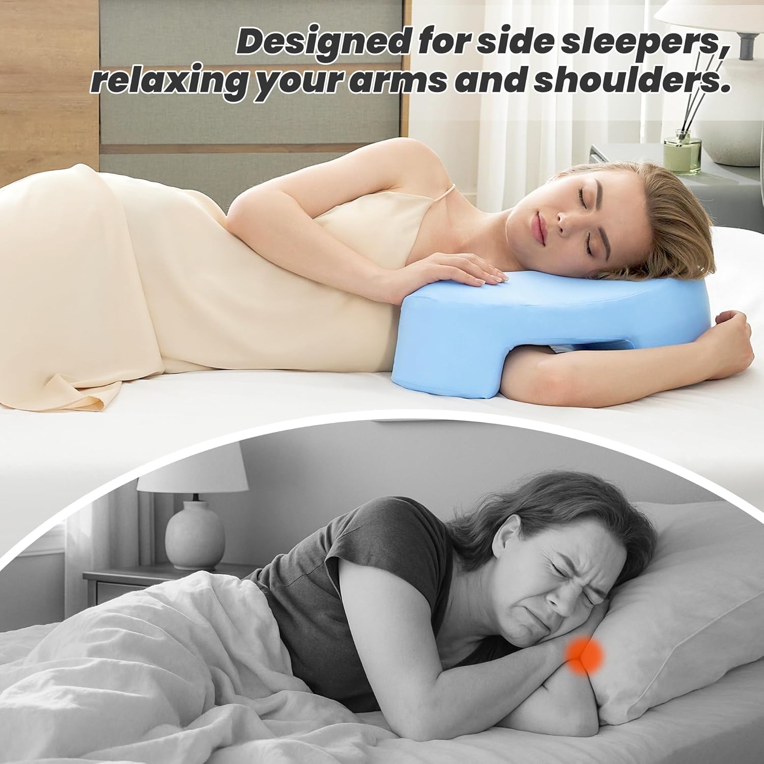 Ergonomisches Seitenschläferkissen mit Armloch – orthopädisches Memory-Schaum-Nackenstützkissen für Nacken und Schulter – Kissen für Seitenschläfer, Rücken- und Bauchschläfer – waschbarer Bezug, blau – Bild 6