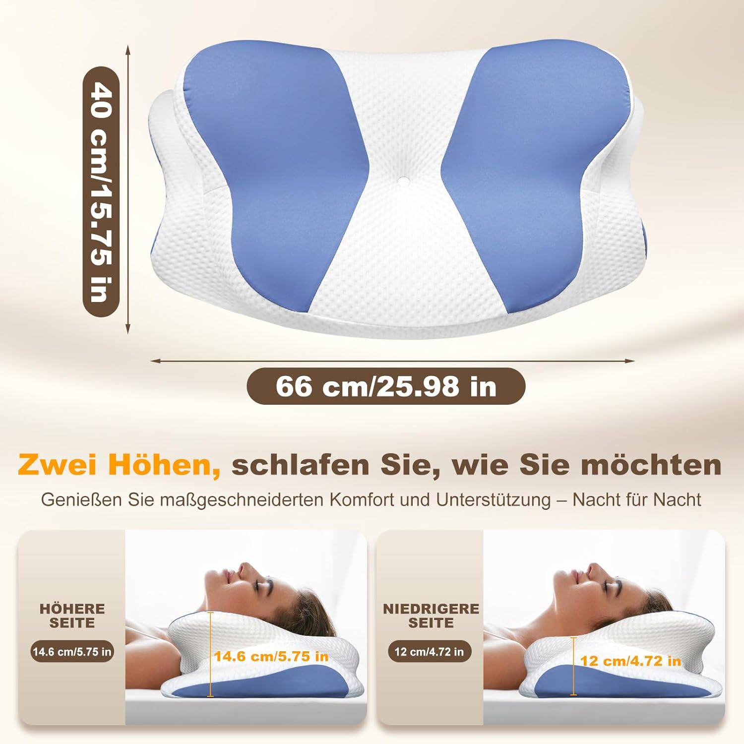 Nackenkissen – Ergonomisches Kissen für Schulter- und Nackenkomfort, Memory-Schaum-Kissen für Bauch-, Rücken- und Seitenschläfer, Kissen mit Nackenstütze (66 x 40 x 14 cm) – Bild 3