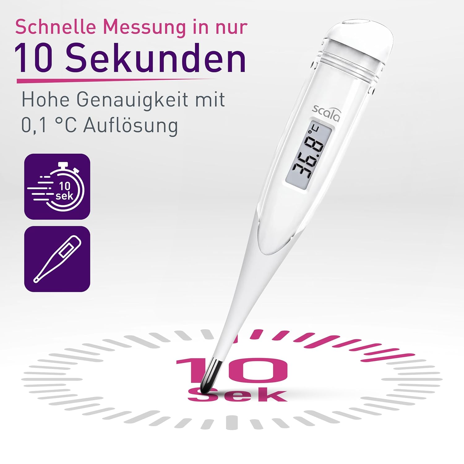 scala SC 28 flex Digitales Fieberthermometer – 10 Sekunden Messzeit, flexible Spitze, Fieberalarm, wasserdicht – oral, rektal und axillär – weiß – für Babys, Kinder und Erwachsene – Bild 2