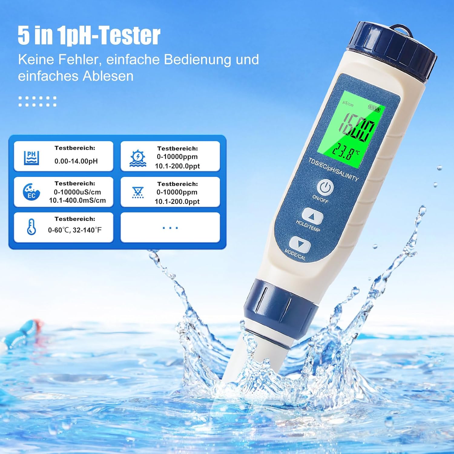 Pious PH-Wert-Messgerät, hochpräzises pH-/Salzgehalt/EC/TDS/Temperatur-Multifunktions-PH-Messgerät, LCD-Display mit automatischer Temperaturkompensation, geeignet für Trinkwasser, Schwimmbad, Hydrokultur – Bild 7