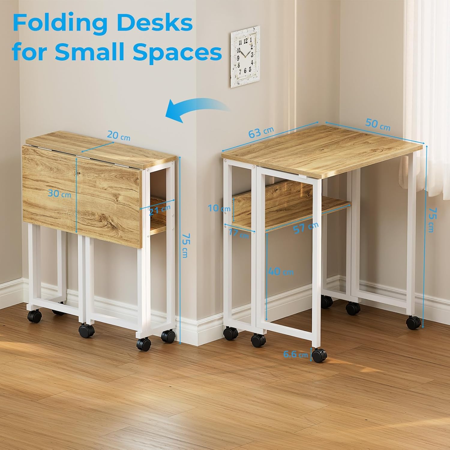 GreenForest Kleiner Klappschreibtisch, 63 cm Klappschreibtisch mit Rollen, einfache Montage, Klappschreibtisch mit Stauraum, Home-Office-Klapptisch, Beige – Bild 3