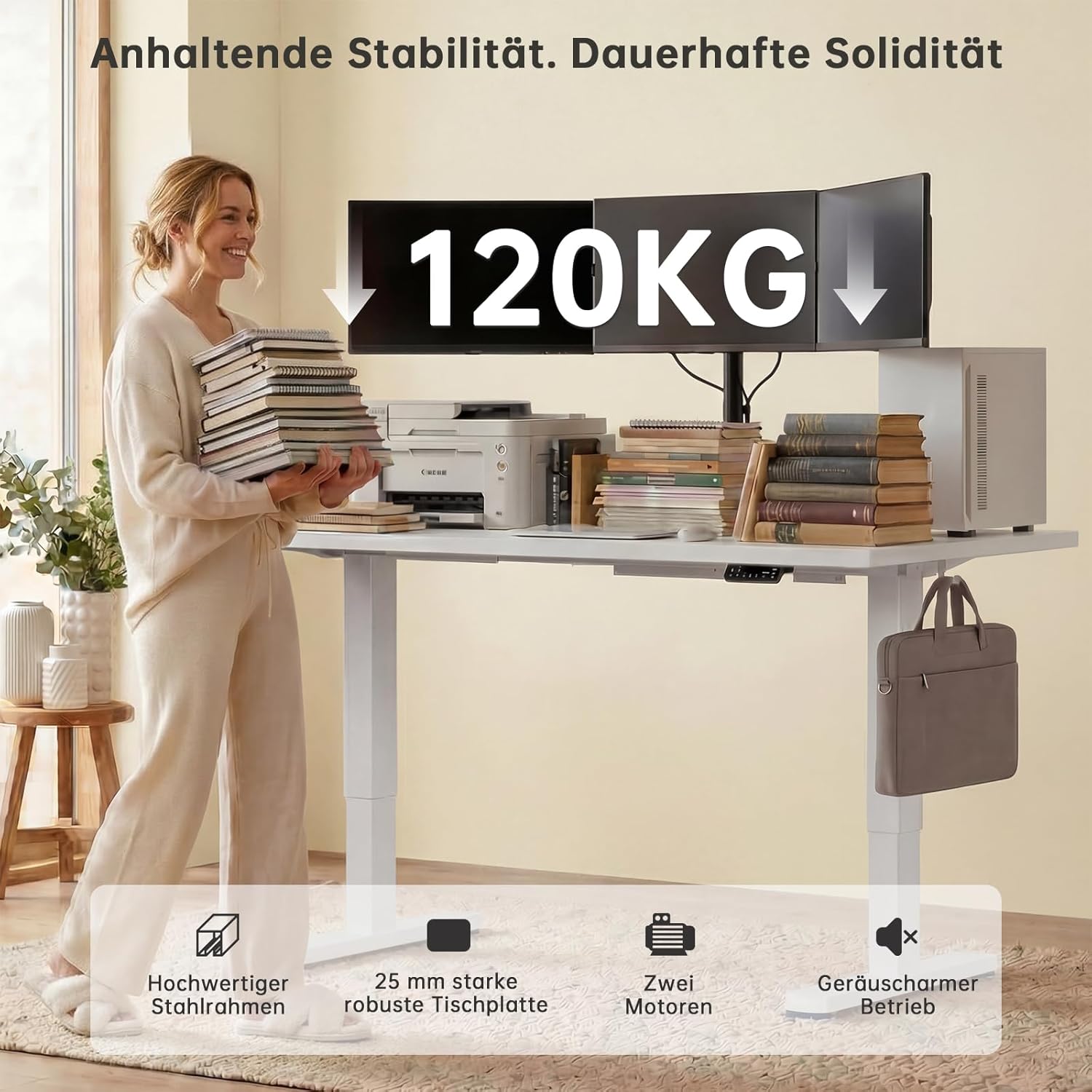 Devoko Höhenverstellbarer Schreibtisch mit 2 Motoren, 25 mm einteilige Tischplatte, 160 x 80 cm, elektrischer Computertisch mit Kabelmanagement, weiß – perfekte Ergonomie für Ihr Büro – Bild 4
